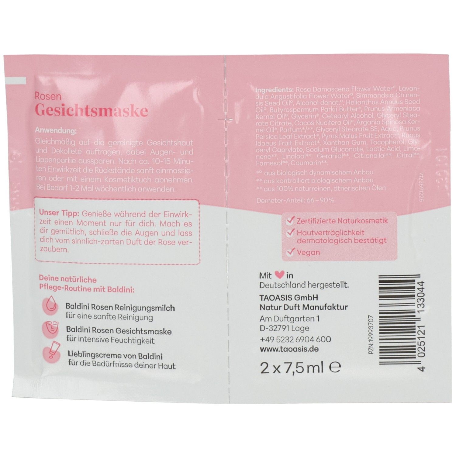 Rückseite zweier BALDINI Rosen Gesichtsmasken-Päckchen mit Anwendungshinweisen und Inhaltsstoffen.