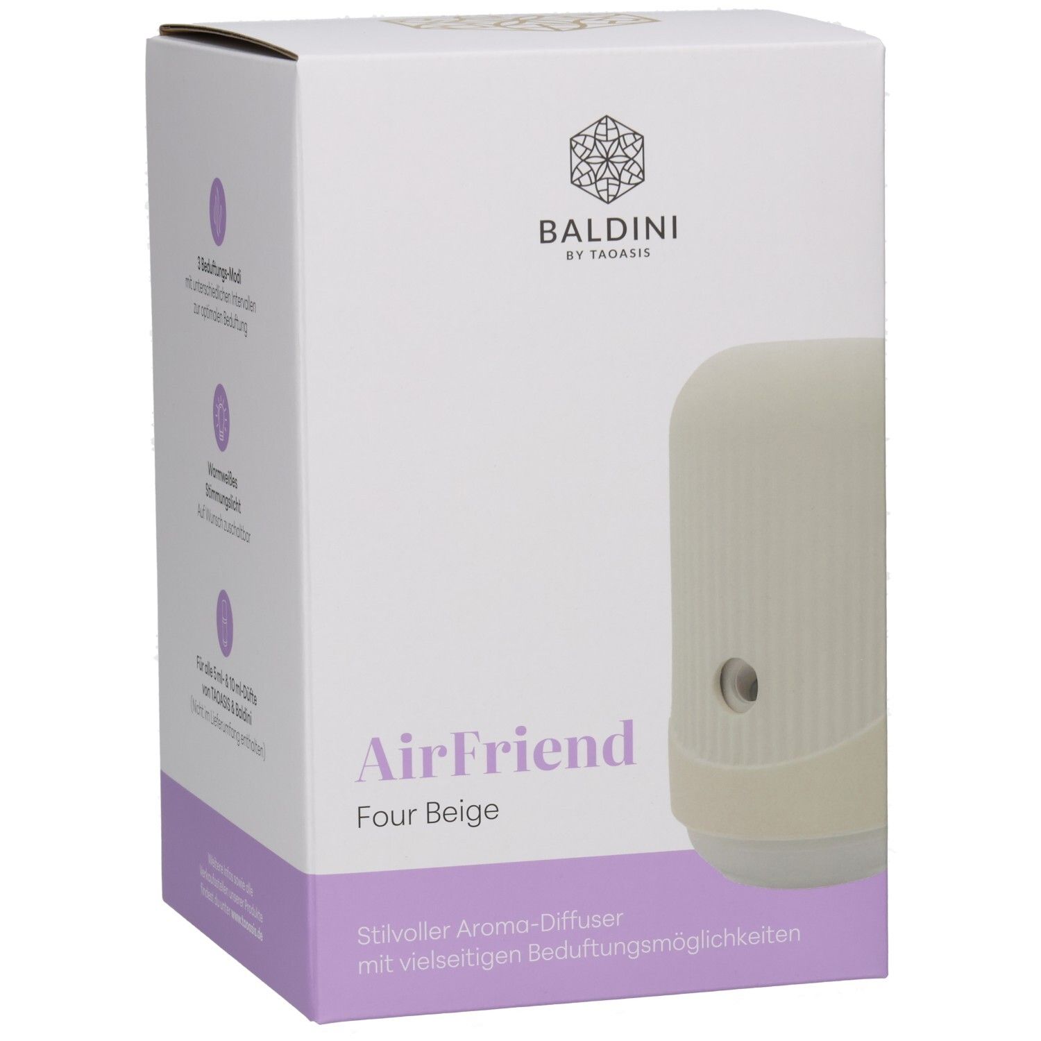 Verpackung des BALDINI AirFriend Four Aroma-Diffusers, Vorder- und Seitenansicht.