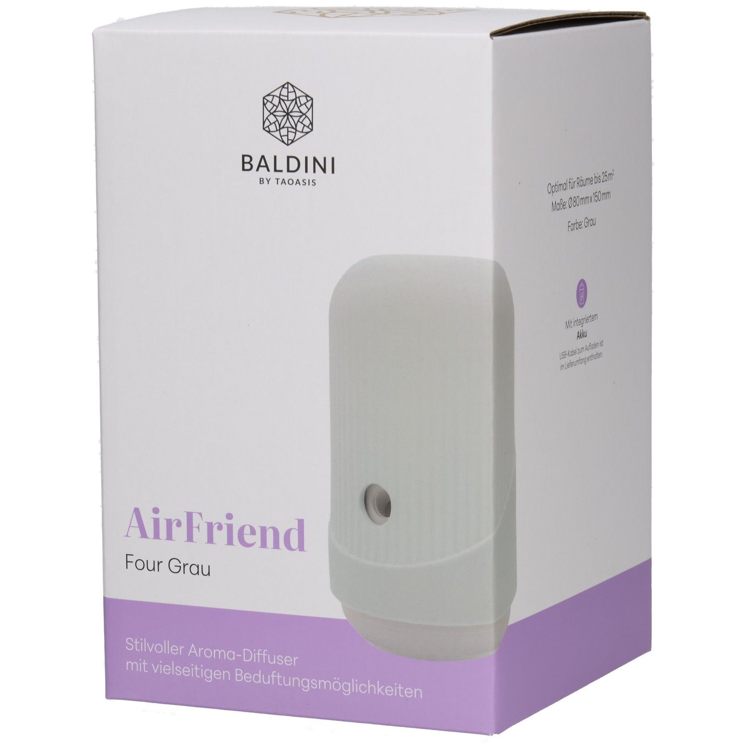 Verpackung des BALDINI AirFriend Four Aroma-Diffusers in Grau.