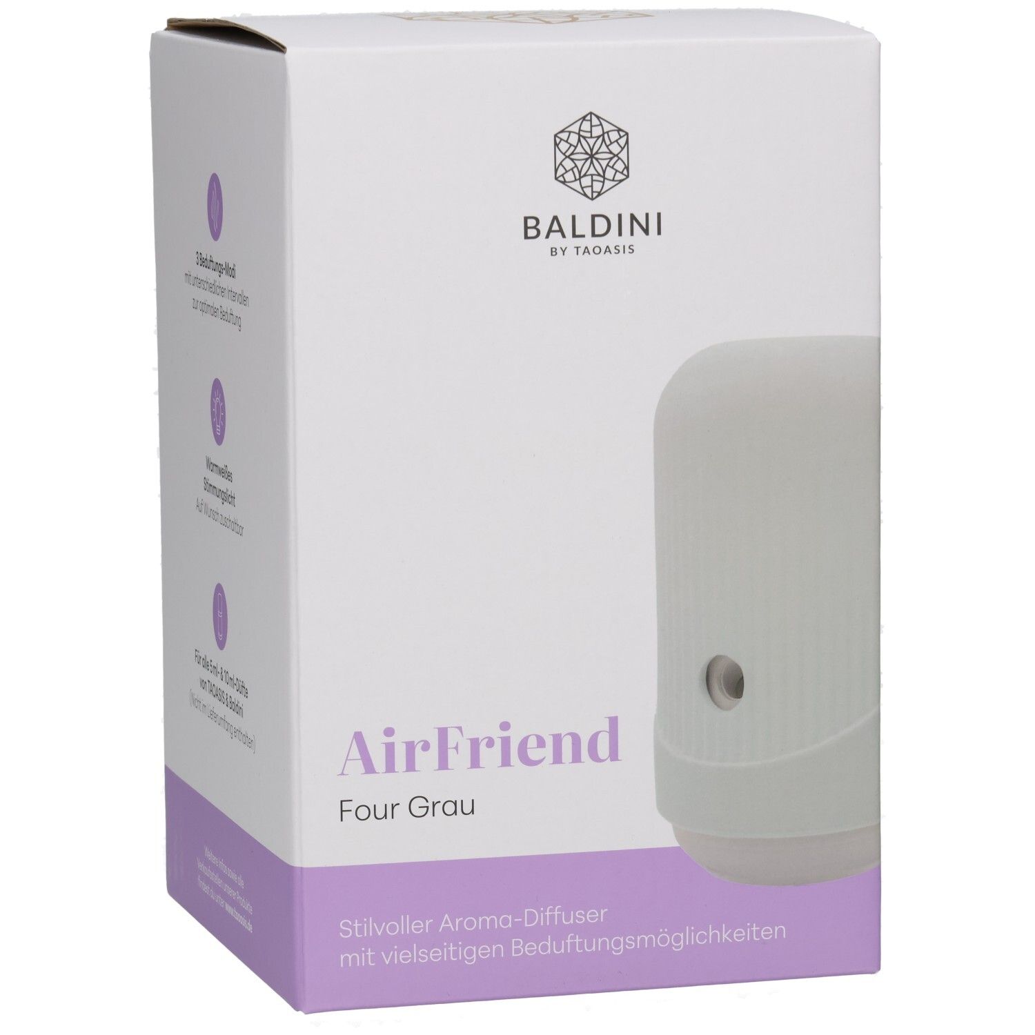Verpackung des BALDINI AirFriend Four Aroma-Diffusers in Grau, Seitenansicht.