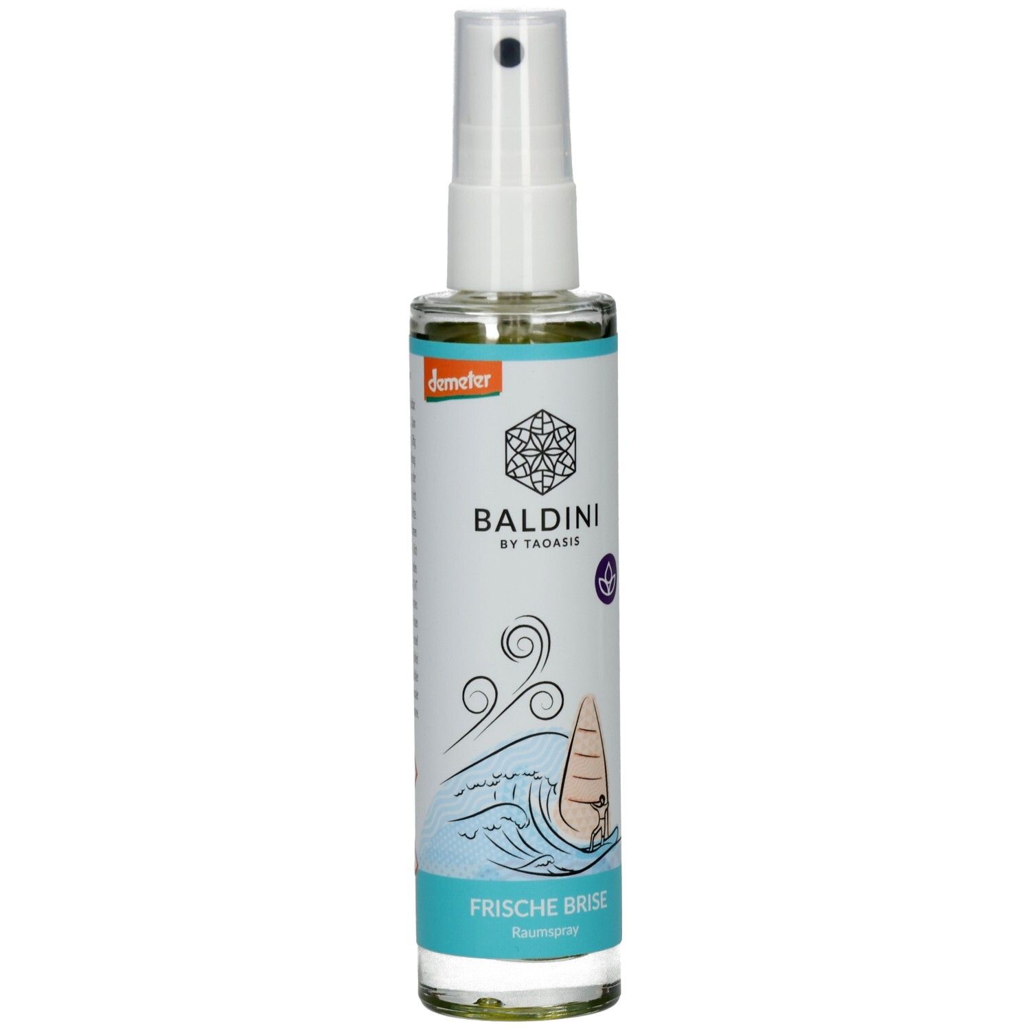 BALDINI Frische Brise Raumspray in Glasflasche mit Zerstäuber. Vorderseite mit Wellen- und Windsurfmotiv.
