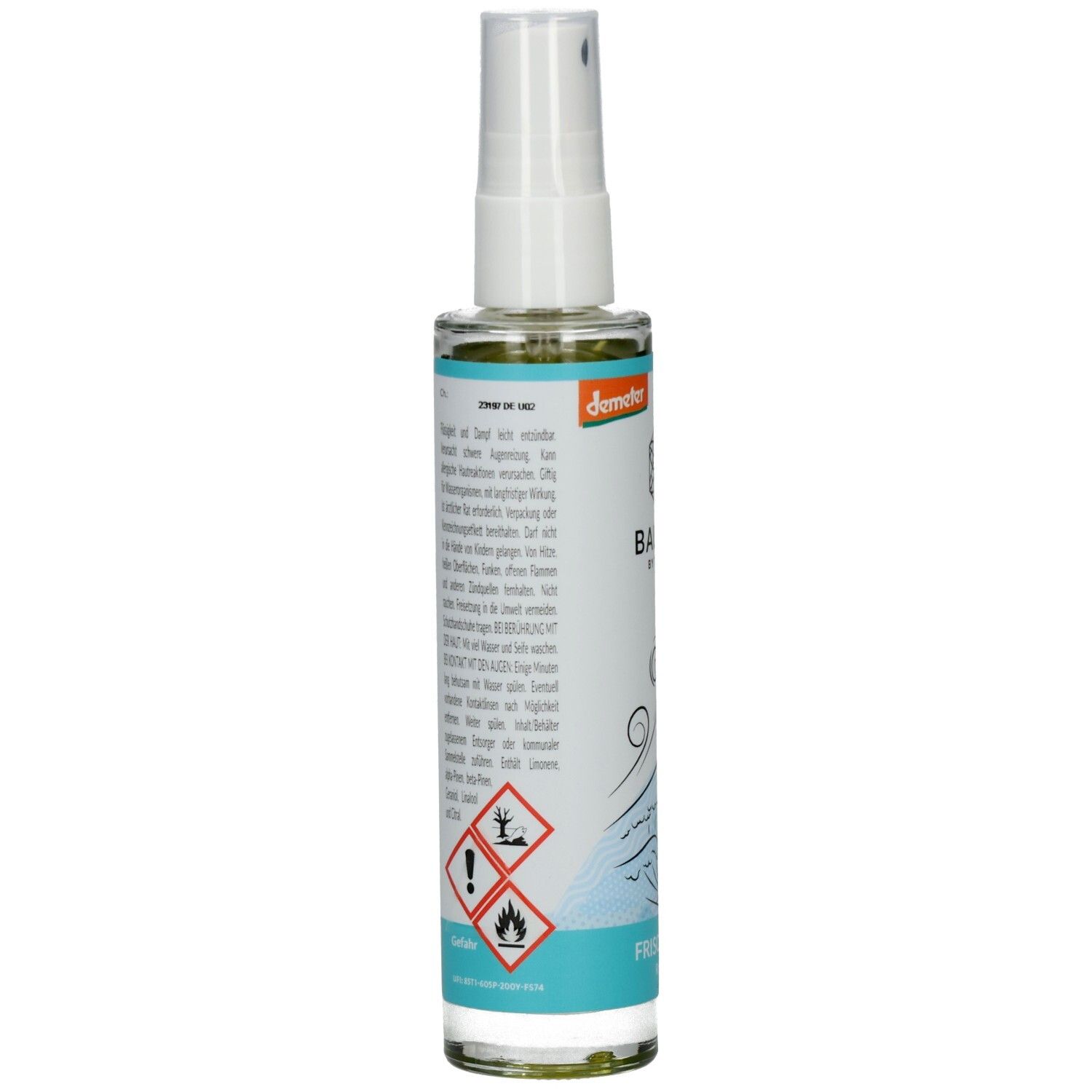 Rückseite BALDINI Frische Brise Raumspray. Glasflasche mit Etikett und Warnsymbolen. Enthält Demeter-Siegel.