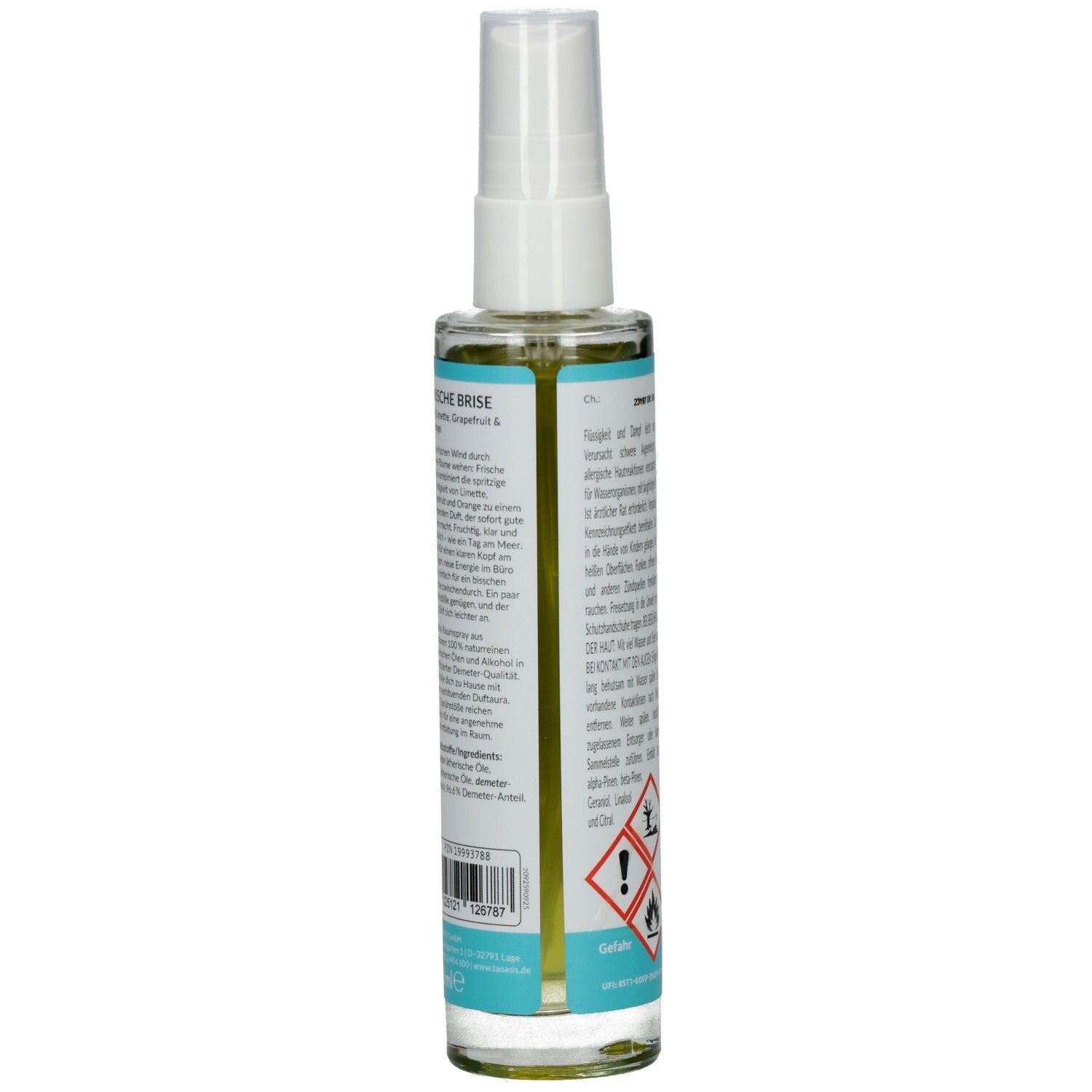 Seitenansicht BALDINI Frische Brise Raumspray. Glasflasche mit Etikett, Warnsymbolen und Barcode. Demeter-Siegel sichtbar.
