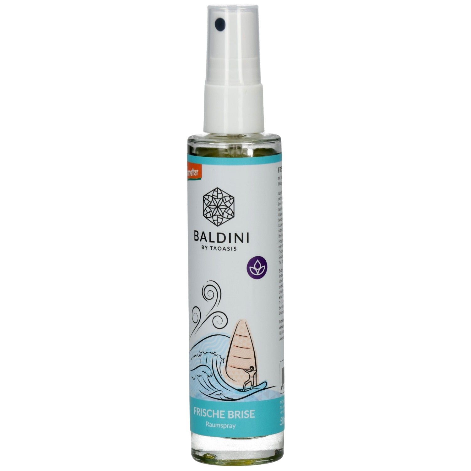 BALDINI Frische Brise Raumspray in Glasflasche mit Zerstäuber. Vorderseite mit Wellen- und Windsurfmotiv. Demeter-Siegel.