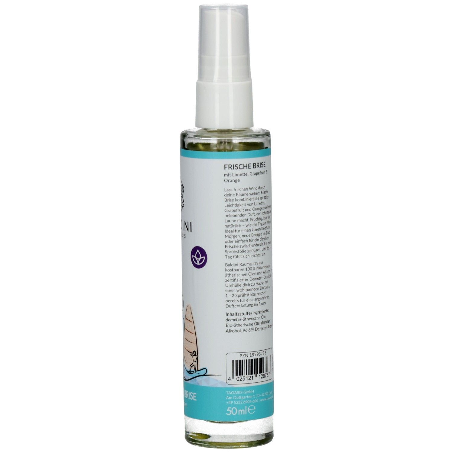 Rückseite BALDINI Frische Brise Raumspray. Glasflasche mit Etikett, Inhaltsangabe und 50ml-Angabe. Demeter-Siegel.