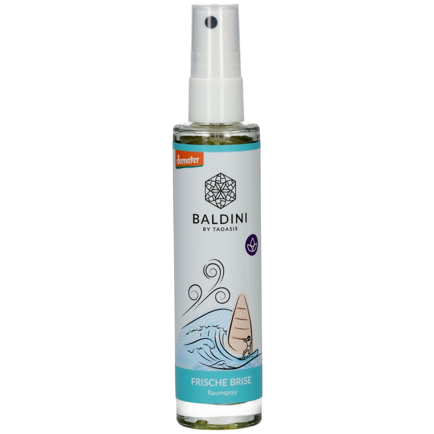 BALDINI Frische Brise Raumspray in Glasflasche mit Zerstäuber. Vorderseite mit Wellen- und Windsurfmotiv. Demeter-Siegel.