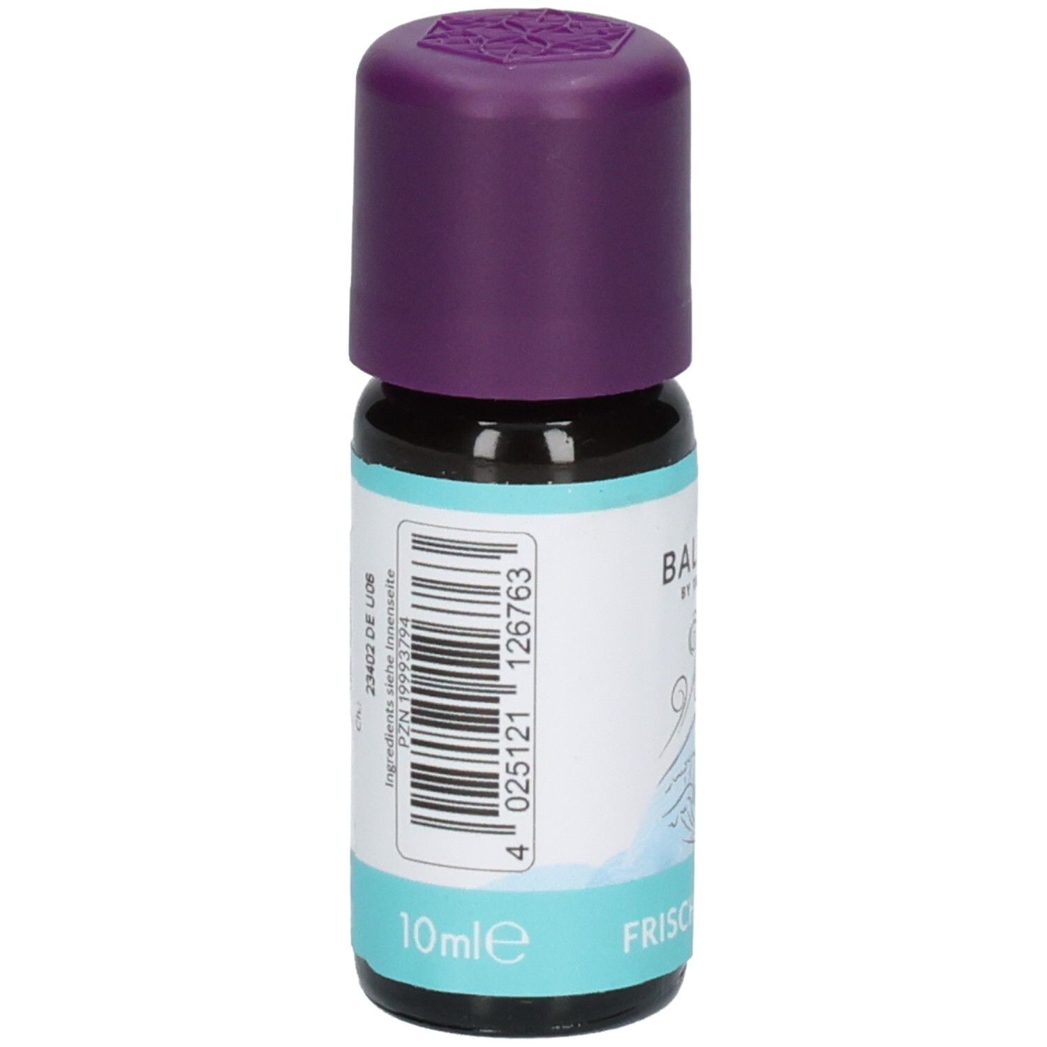 Kleine dunkle Glasflasche mit lila Schraubverschluss, 10ml, Etikett mit Barcode und Text.