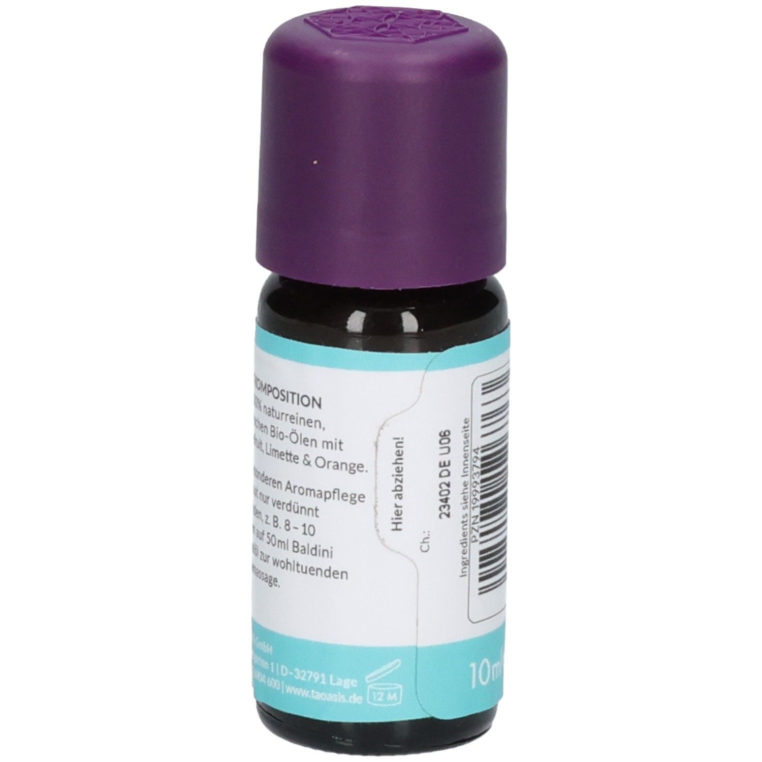 Dunkelbraune Glasflasche mit lila Schraubverschluss, 10ml, mit Etikett.
