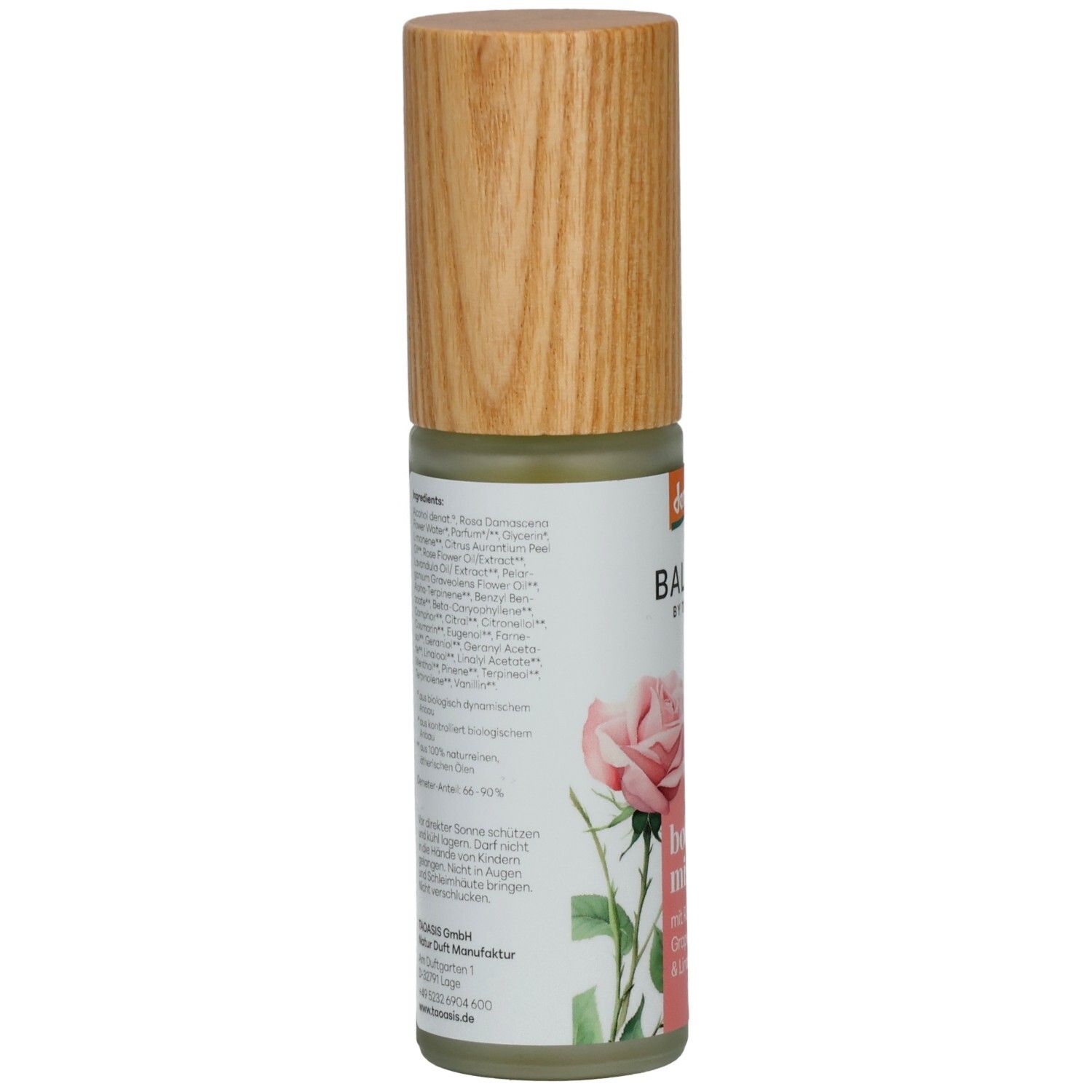 Rückseite BALDINI Body Mist mit Inhaltsstoffen und Anwendungshinweisen.
