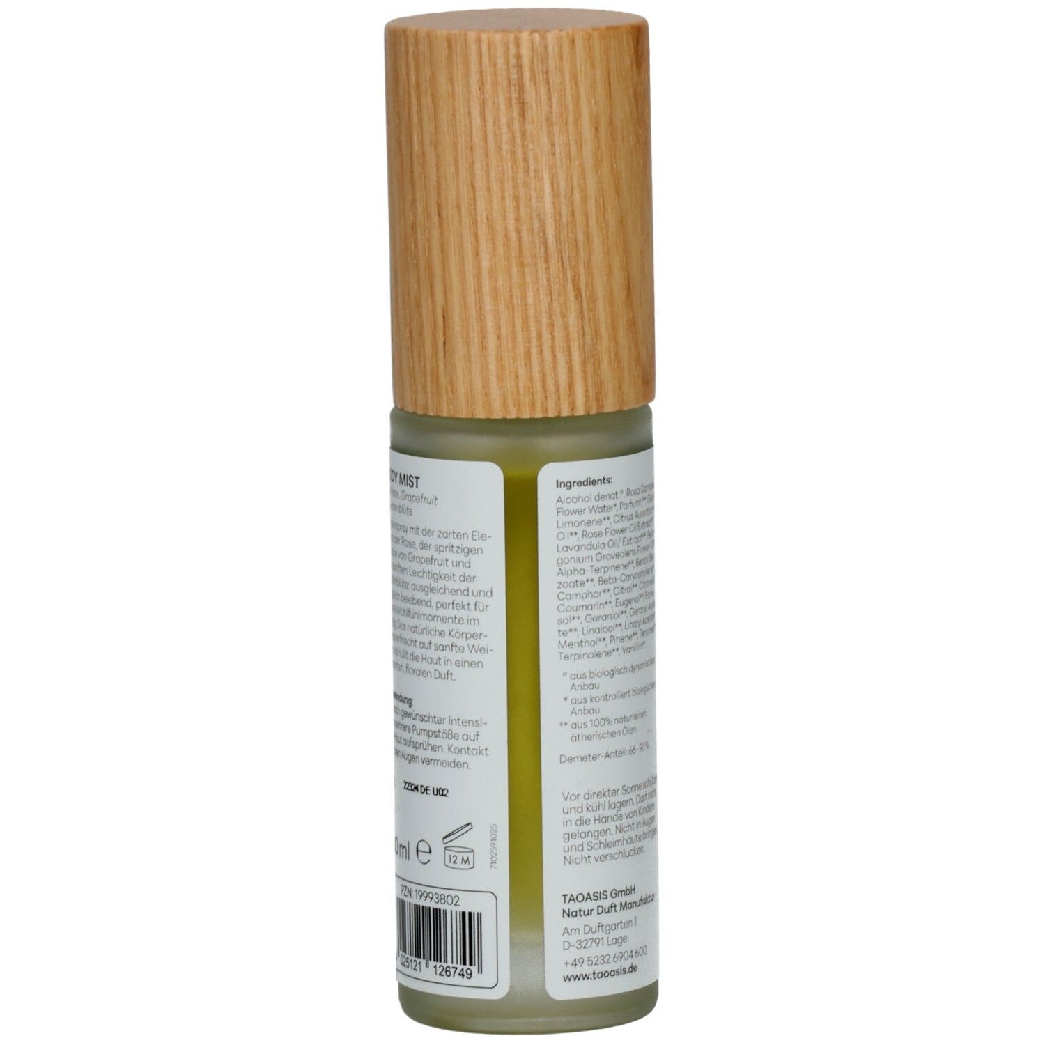 Seitenansicht BALDINI Body Mist mit Inhaltsstoffliste und Barcode.