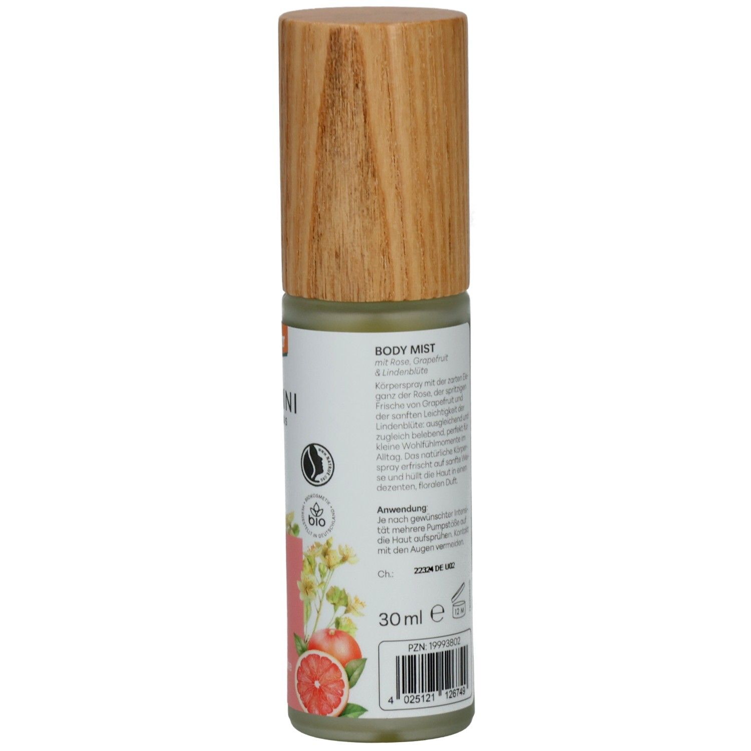 BALDINI Body Mist 30ml mit Anwendungshinweisen und Barcode.