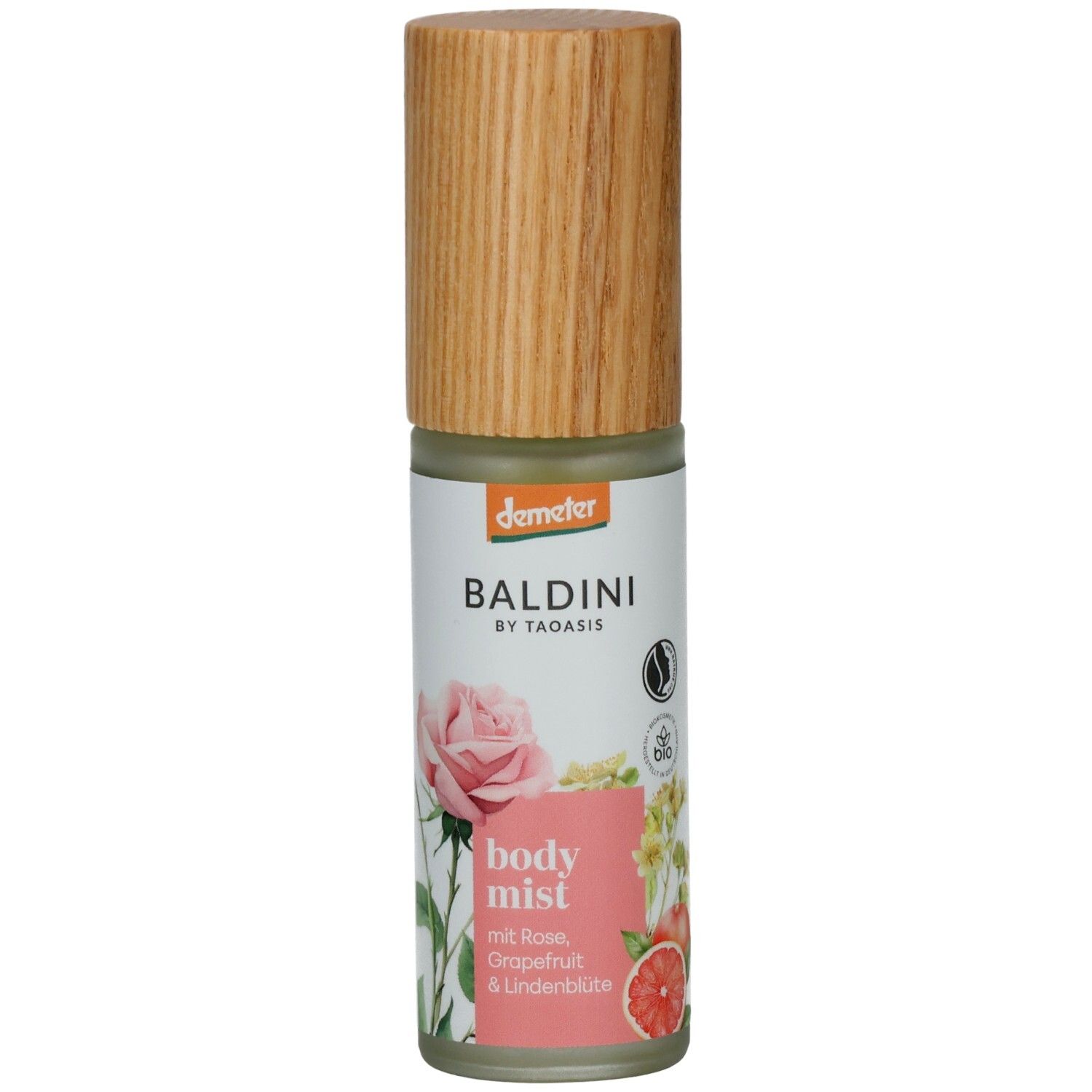 BALDINI Body Mist mit Rose, Grapefruit & Lindenblüte, Demeter-Siegel und Bio-Siegel.