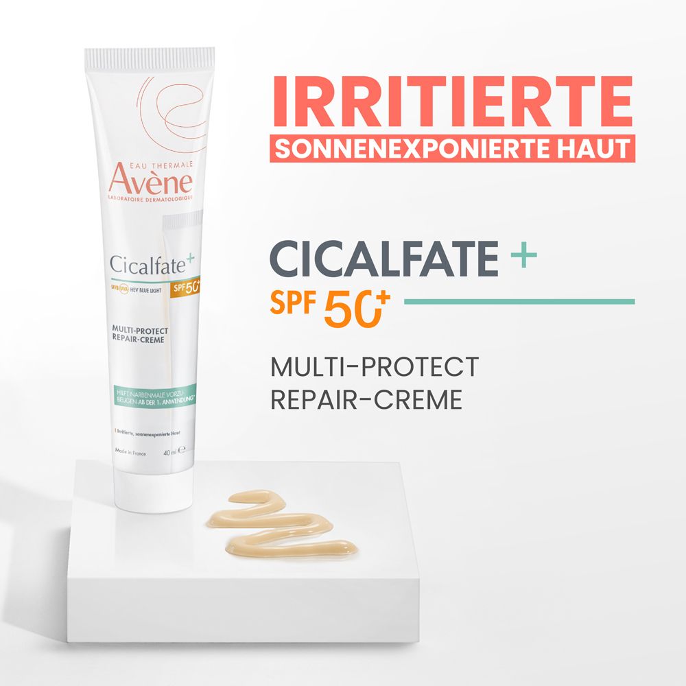 Avène Cicalfate+ Creme SPF 50+ auf einem weißen Podest, daneben eine Creme-Spur.