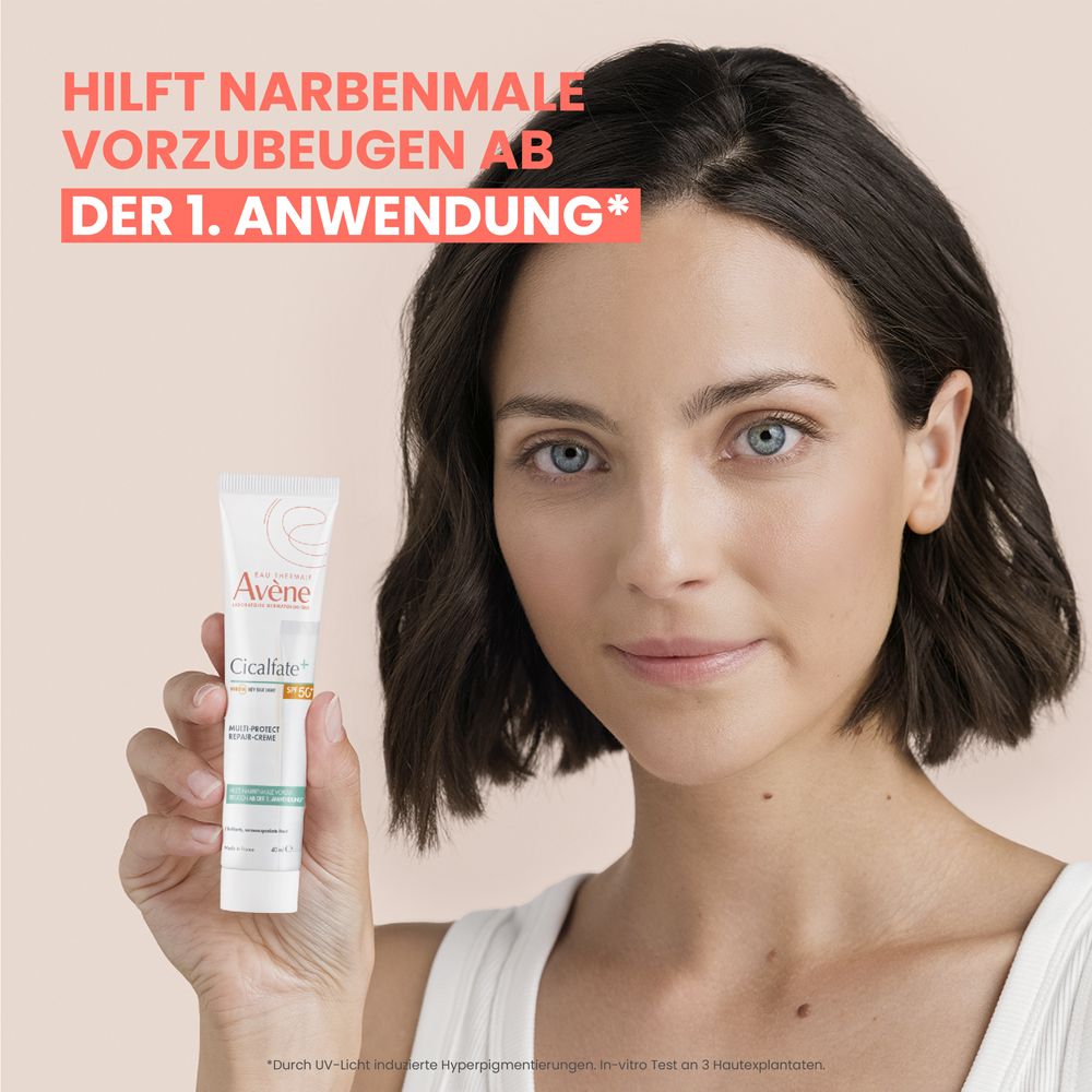 Frau hält Avène Cicalfate+ Creme SPF 50+; Text: Hilft Narbenmale vorzubeugen.