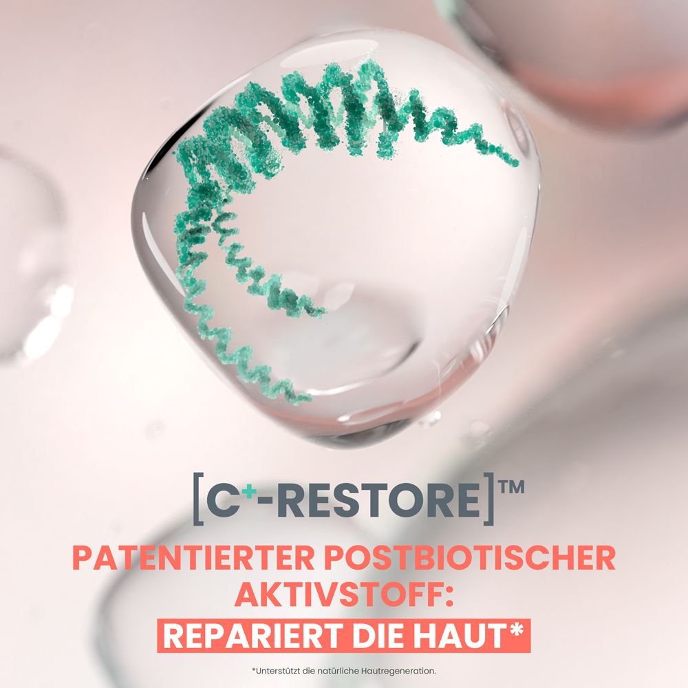 Abstrakt: Tropfen mit grüner Struktur, Text: Patentierter postbiotischer Wirkstoff.