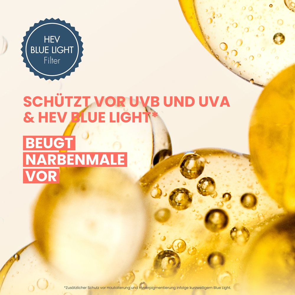 Abstrakt: Gelbe Kugeln, Text: Schützt vor UVB, UVA & HEV Blue Light.