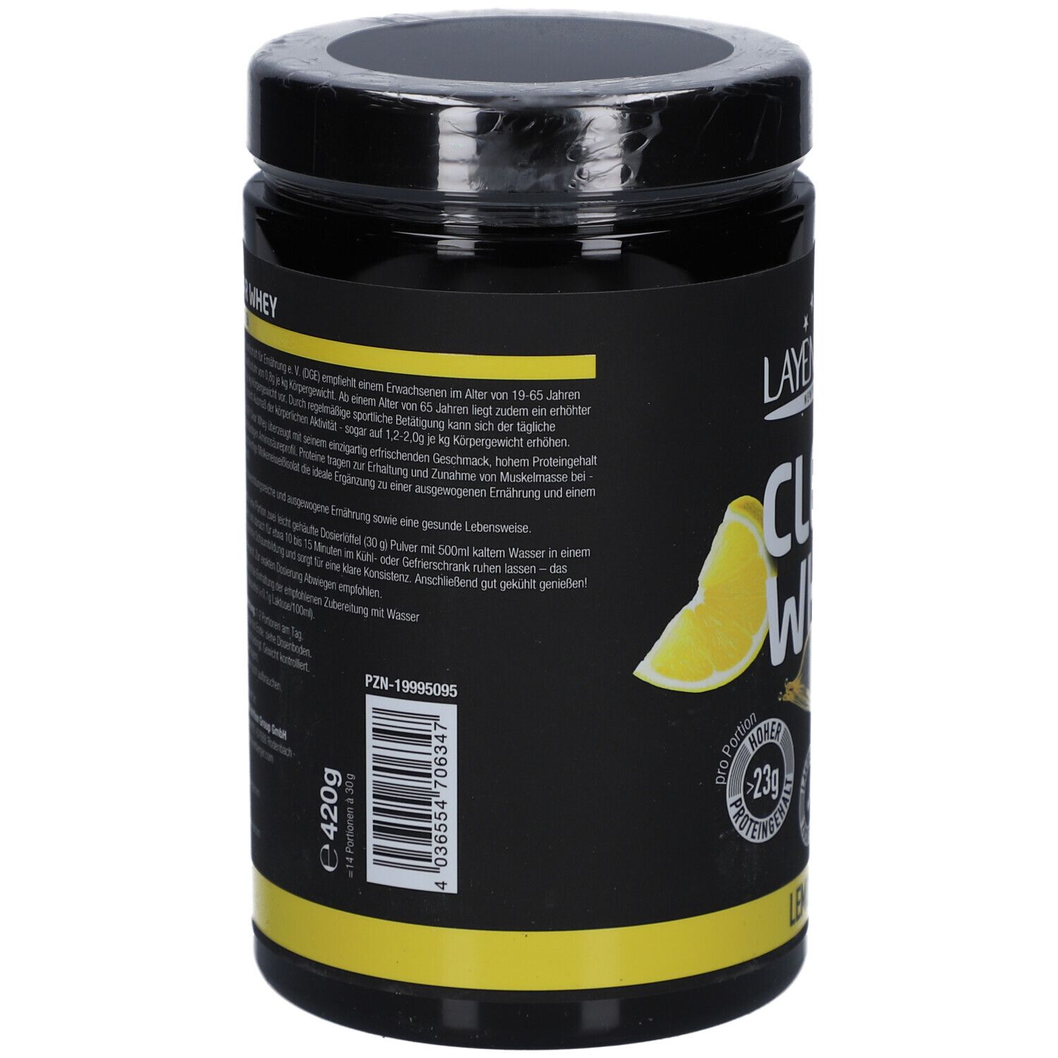Rückseite der schwarzen Dose mit LAYENBERGER® Clear Whey. Textinformationen, Nährwertangaben und Barcode. Mit Zitronen-Illustration.