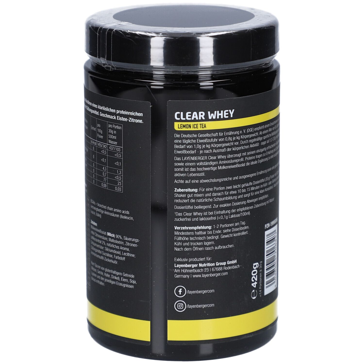 Rückseite der schwarzen Dose mit LAYENBERGER® Clear Whey. Textinformationen, Nährwertangaben und Kontaktinformationen. Mit Zitronen-Illustration.