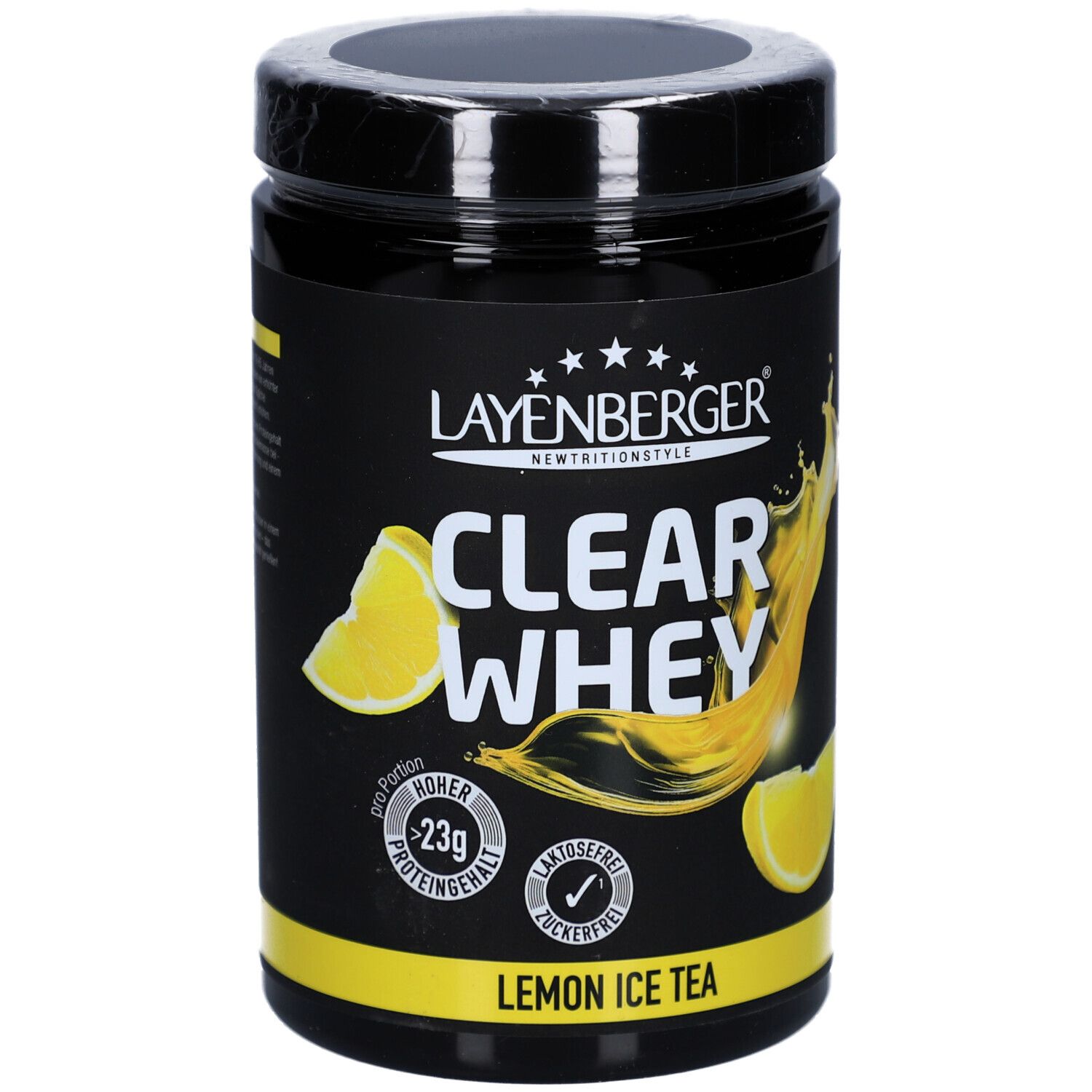 Schwarze Dose mit LAYENBERGER® Clear Whey Lemon Ice Tea. Enthält 23g Protein, ist laktosefrei und zuckerfrei. Mit Zitronen-Illustration.