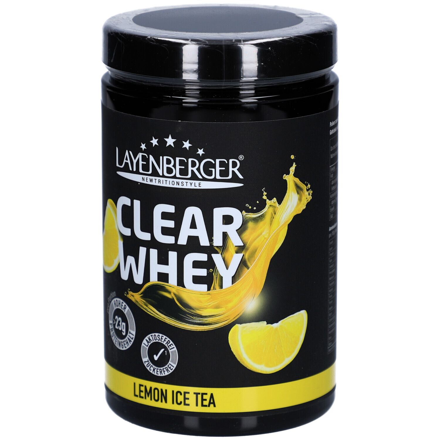 Schwarze Dose mit LAYENBERGER® Clear Whey Lemon Ice Tea. Enthält 23g Protein, ist laktosefrei und zuckerfrei. Mit Zitronen-Illustration.
