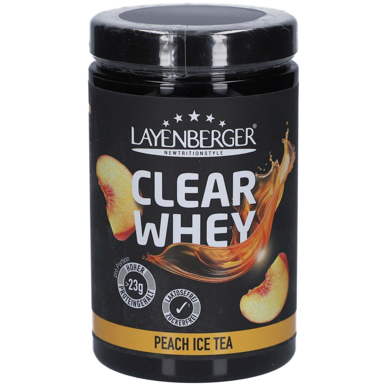 Schwarze Dose mit LAYENBERGER® Clear Whey Peach Ice Tea. Aufdruck mit Pfirsich-Motiv, Schriftzug und Logos. Deckel schwarz.