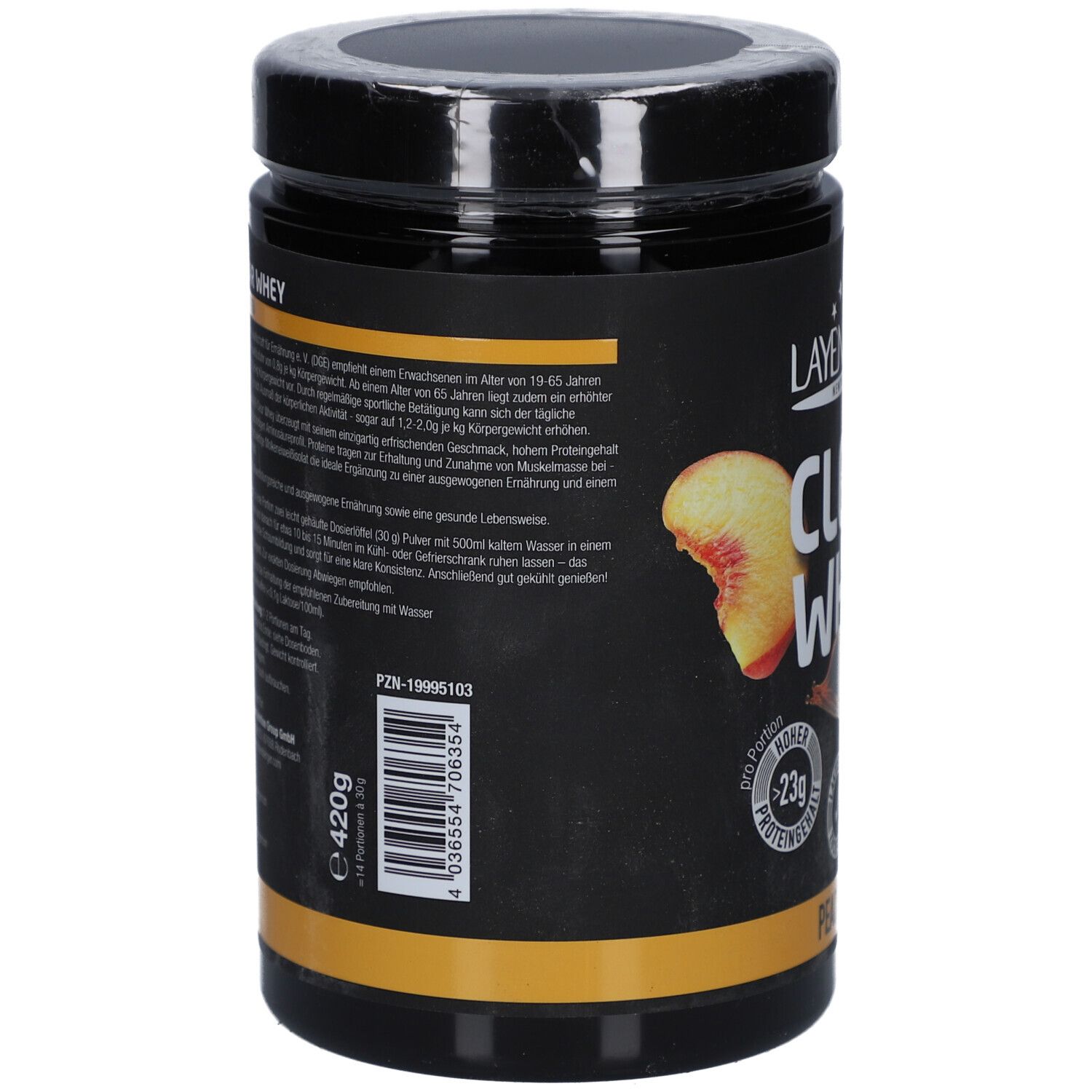 Rückseite der schwarzen Dose LAYENBERGER® Clear Whey. Text in deutscher Sprache, Nährwertangaben, Herstellerinformationen und Barcode.