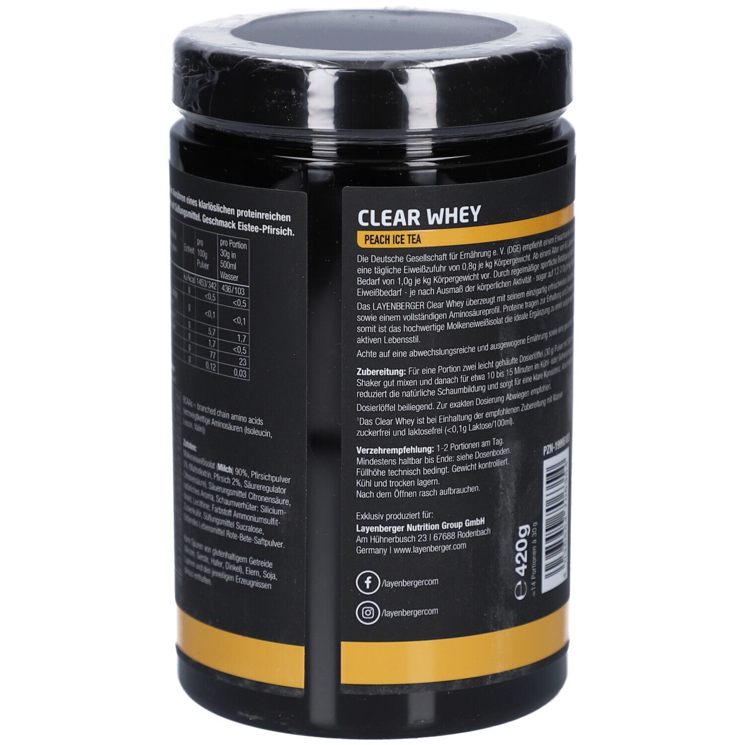 Rückseite der schwarzen Dose LAYENBERGER® Clear Whey. Text in deutscher Sprache, Nährwertangaben, Herstellerinformationen und Logos.