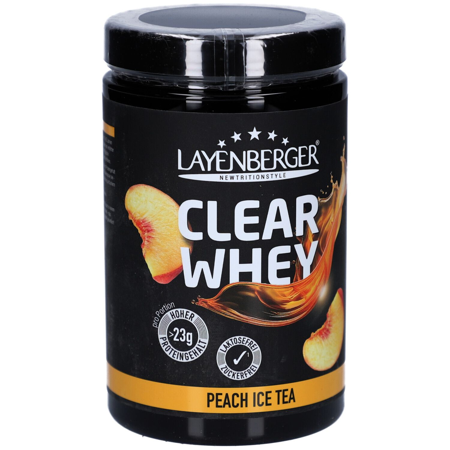Schwarze Dose LAYENBERGER® Clear Whey Peach Ice Tea. Aufdruck mit Pfirsich-Motiv, Schriftzug und Logos. Deckel schwarz.