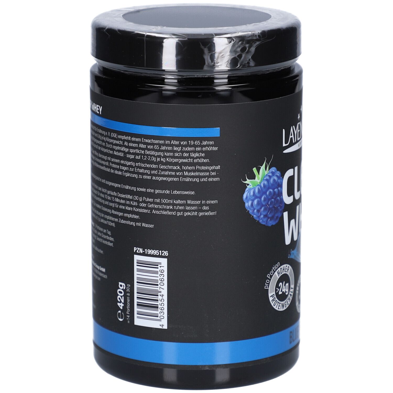 Rückseite der schwarzen Dose LAYENBERGER Clear Whey. Textinformationen, blaue Himbeere, 420g, PZN-19995126, Barcode.