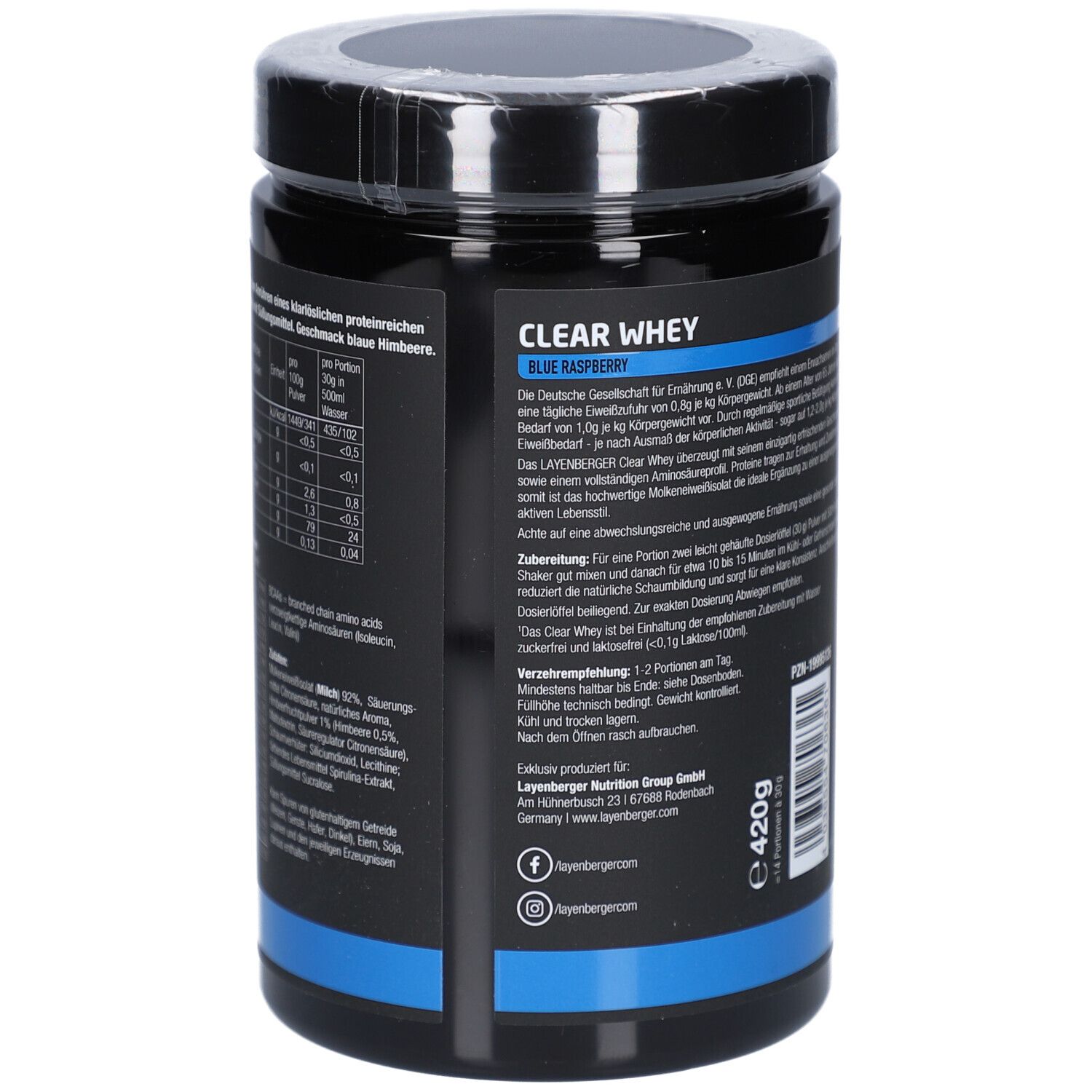 Rückseite der schwarzen Dose LAYENBERGER Clear Whey. Textinformationen, blaue Himbeere, 420g, Herstellerinformationen.