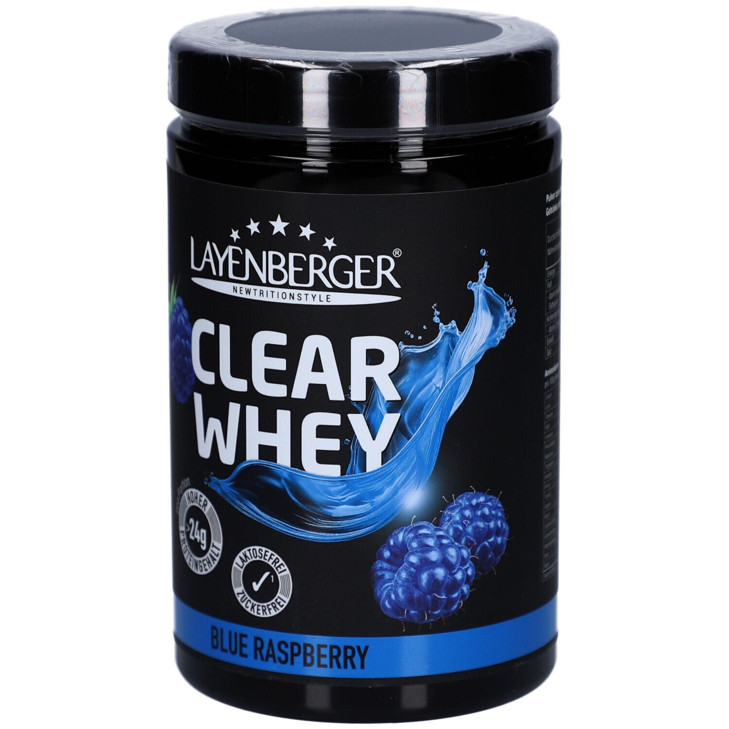 Schwarze Dose LAYENBERGER Clear Whey Blue Raspberry. Blaue Himbeeren und Wasser-Splash-Grafik. 34g Protein, laktosefrei, zuckerfrei.