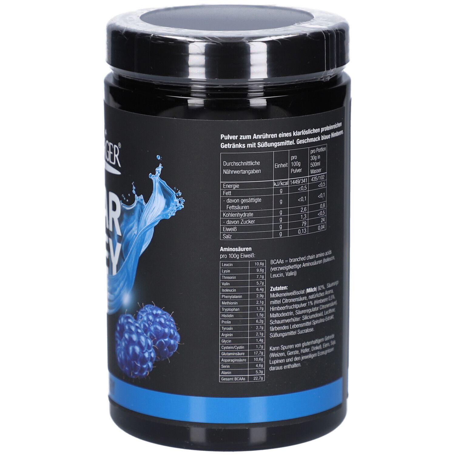 Rückseite der schwarzen Dose LAYENBERGER Clear Whey. Nährwertangaben, Aminosäuren, Zutatenliste, blaue Himbeeren und Wasser-Splash-Grafik.
