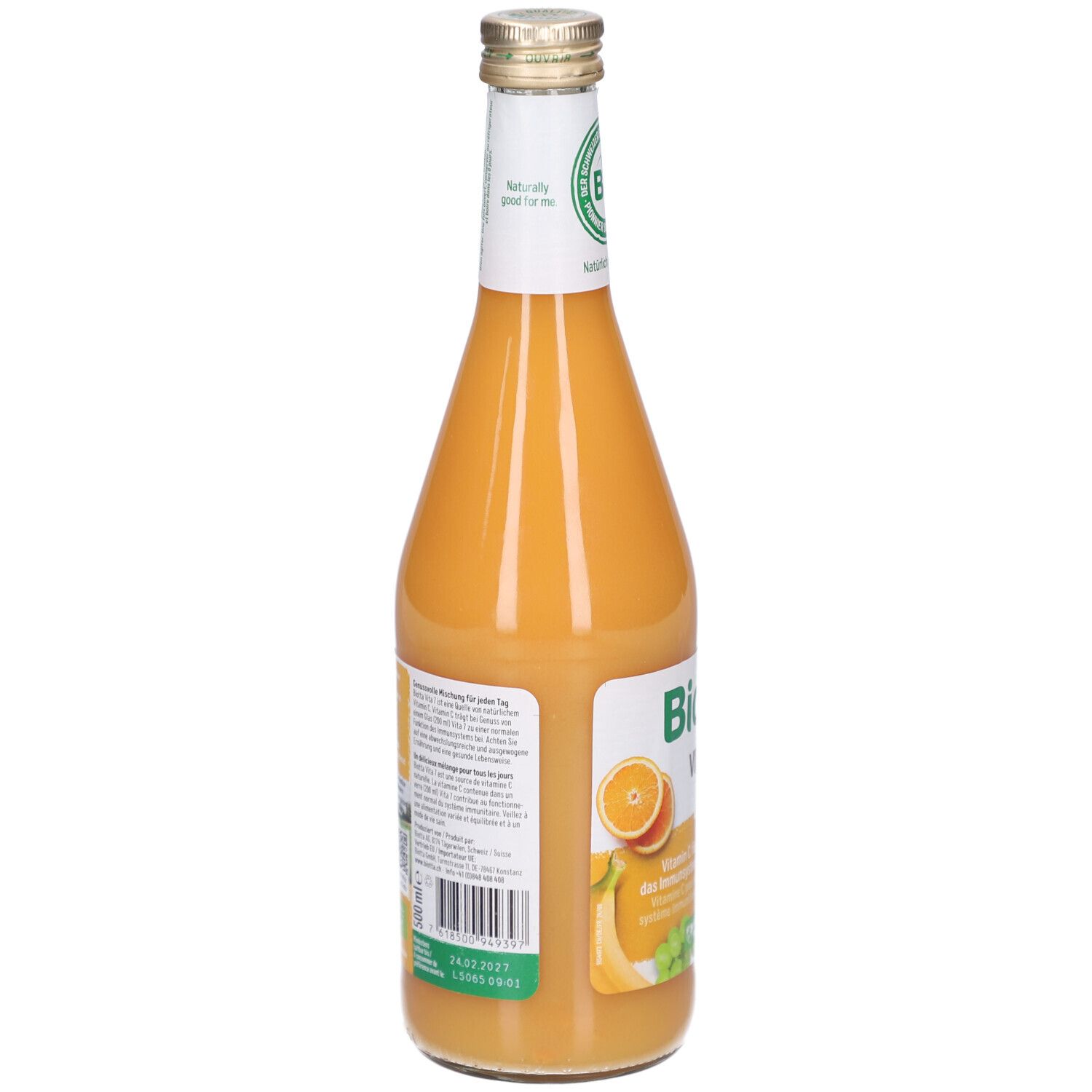 Rückansicht einer Glasflasche mit Saft. Etikett mit Informationen und Barcode. Bio-Siegel oben.