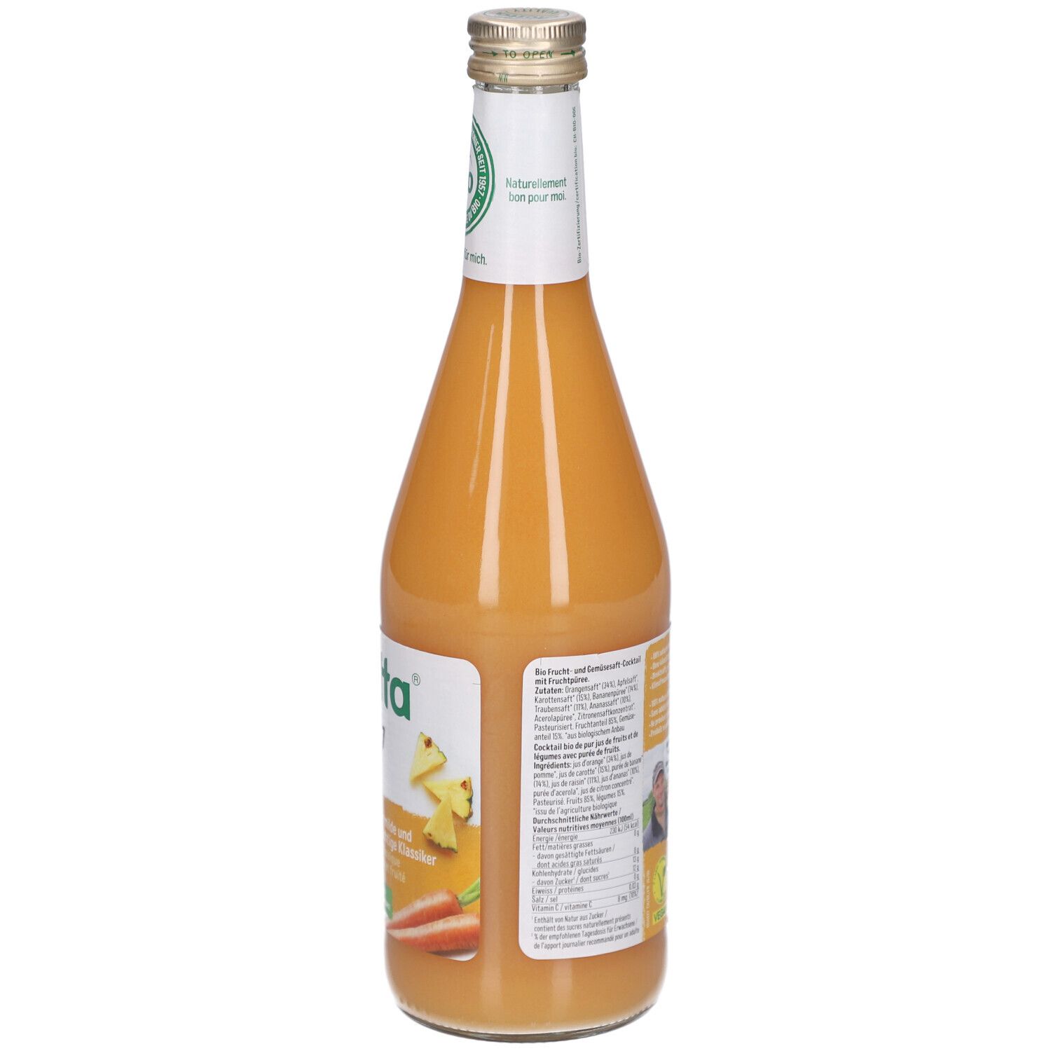 Rückansicht einer Glasflasche mit Saft. Etikett mit Informationen und Barcode. Bio-Siegel oben.