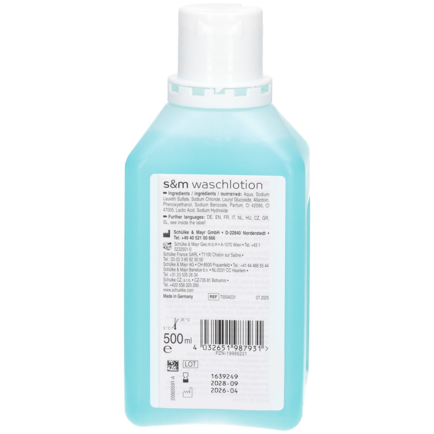 Rückseite der Schülke S&M WaschLotion Flasche mit Inhaltsstoffen und 500ml Angabe.