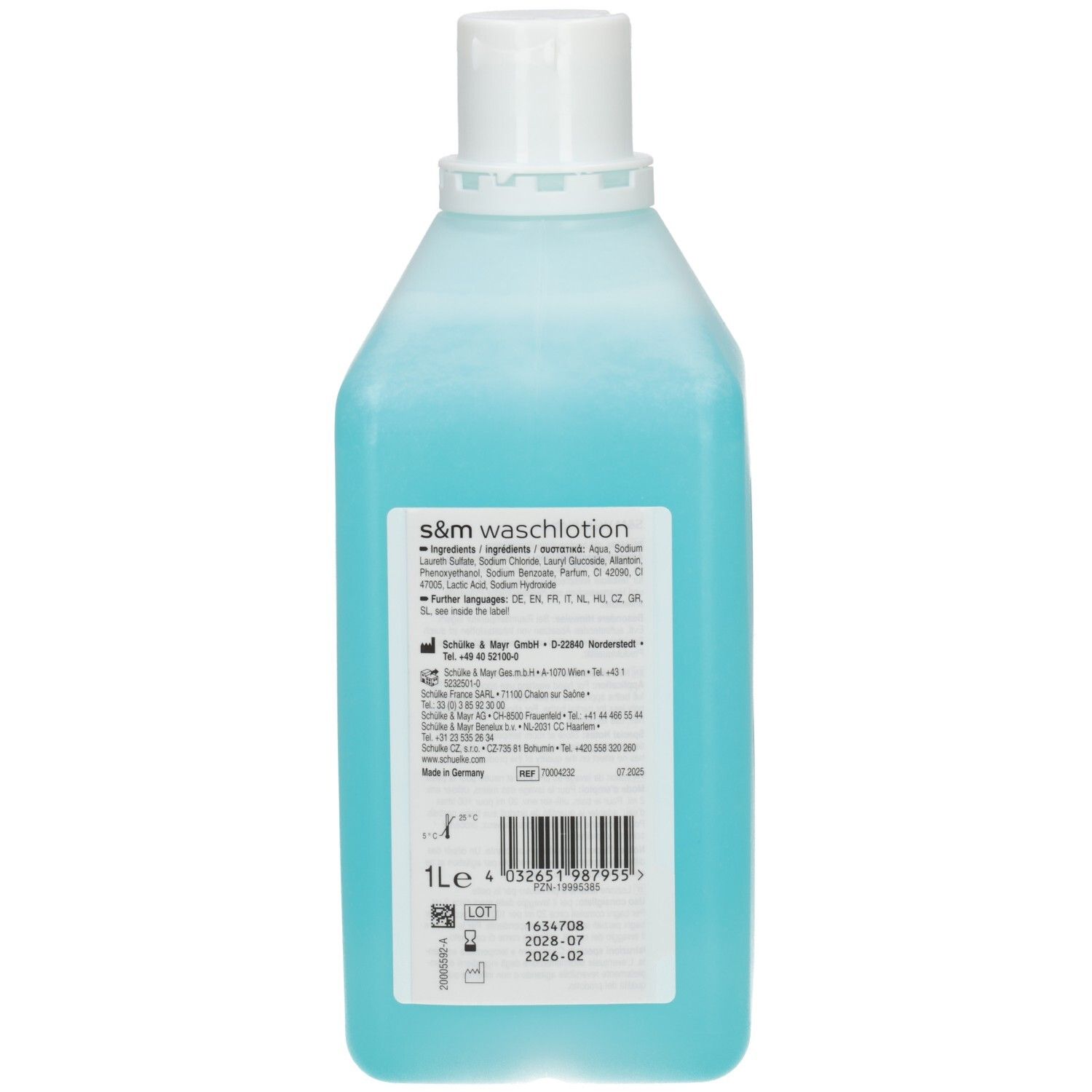 Rückseite einer Flasche mit blauer Waschlotion, Etikett mit Inhaltsstoffen, Herstellerangaben und "1L".