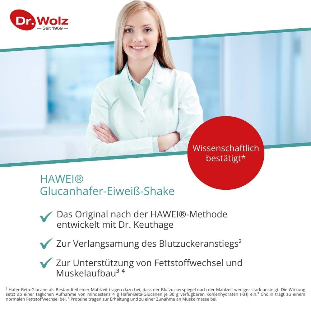 Frau in weißem Kittel. Text: HAWEI Glucanhafer-Eiweiß-Shake. Das Original nach der HAWEI-Methode. Zur Verlangsamung des Blutzuckeranstiegs.