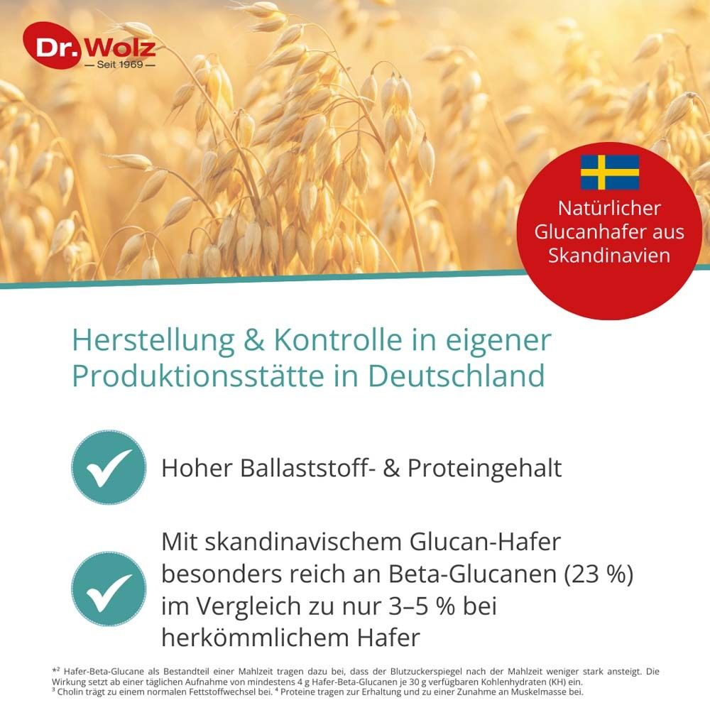 Text: Herstellung & Kontrolle in eigener Produktionsstätte in Deutschland. Hoher Ballaststoff- & Proteingehalt. Mit skandinavischem Glucan-Hafer.