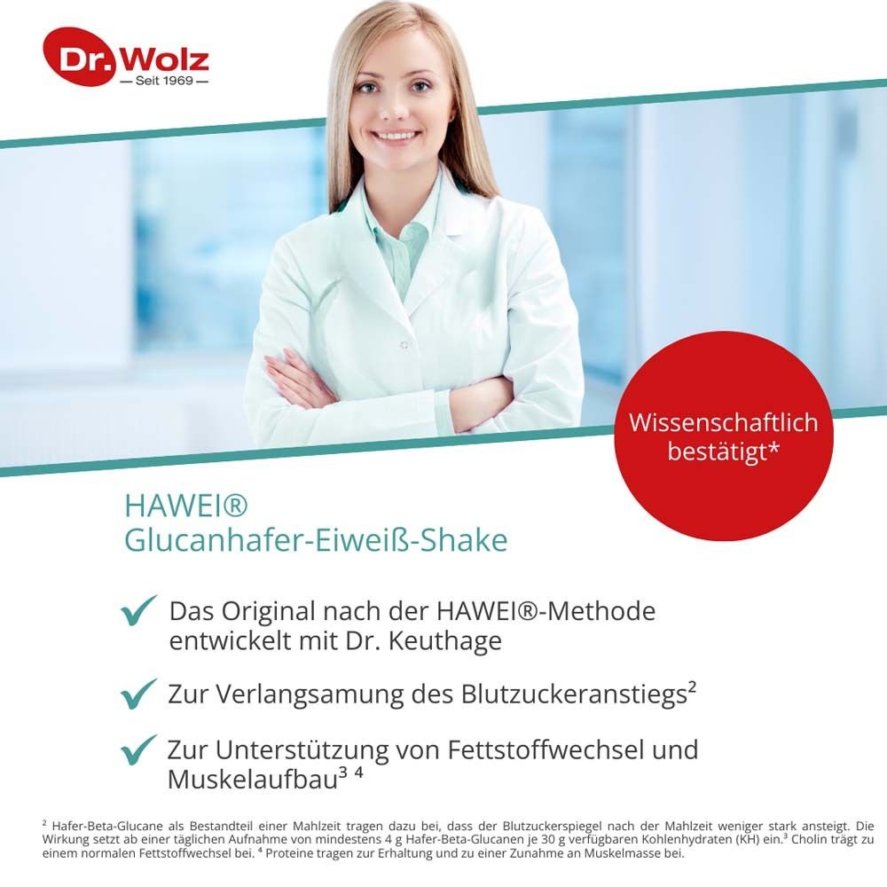 Frau in weißem Kittel. Text: HAWEI Glucan-Hafer-Eiweiß-Shake. Original nach HAWEI-Methode. Zur Blutzucker- und Fettstoffwechselunterstützung.