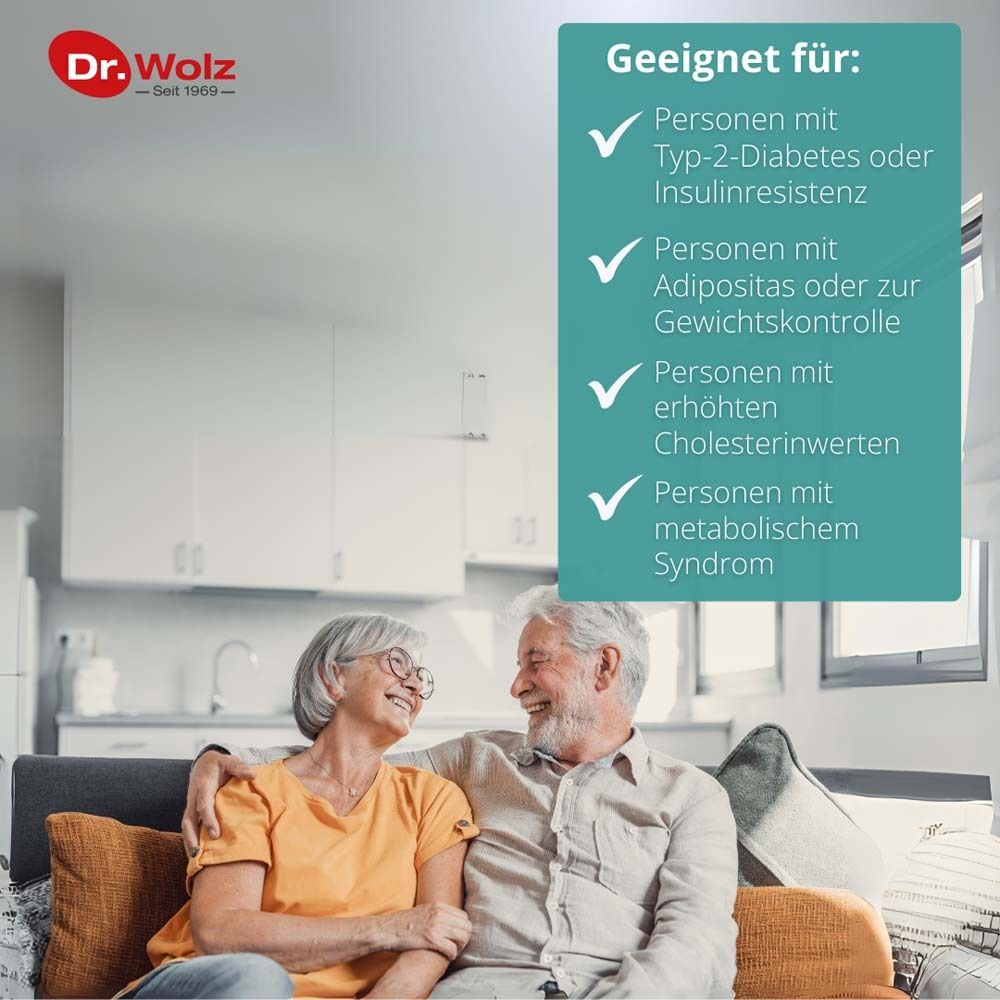 Älteres Ehepaar auf Sofa. Text: Geeignet für Personen mit Typ-2-Diabetes, Adipositas, erhöhten Cholesterinwerten und metabolischem Syndrom.