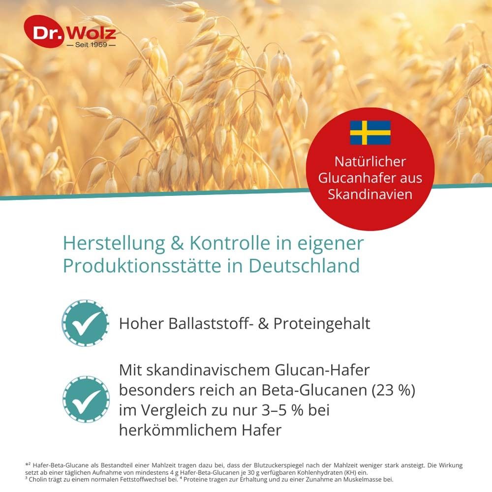 Text: Herstellung & Kontrolle in Deutschland. Hoher Ballaststoff- & Proteingehalt. Mit skandinavischem Glucan-Hafer. Flagge Schweden.