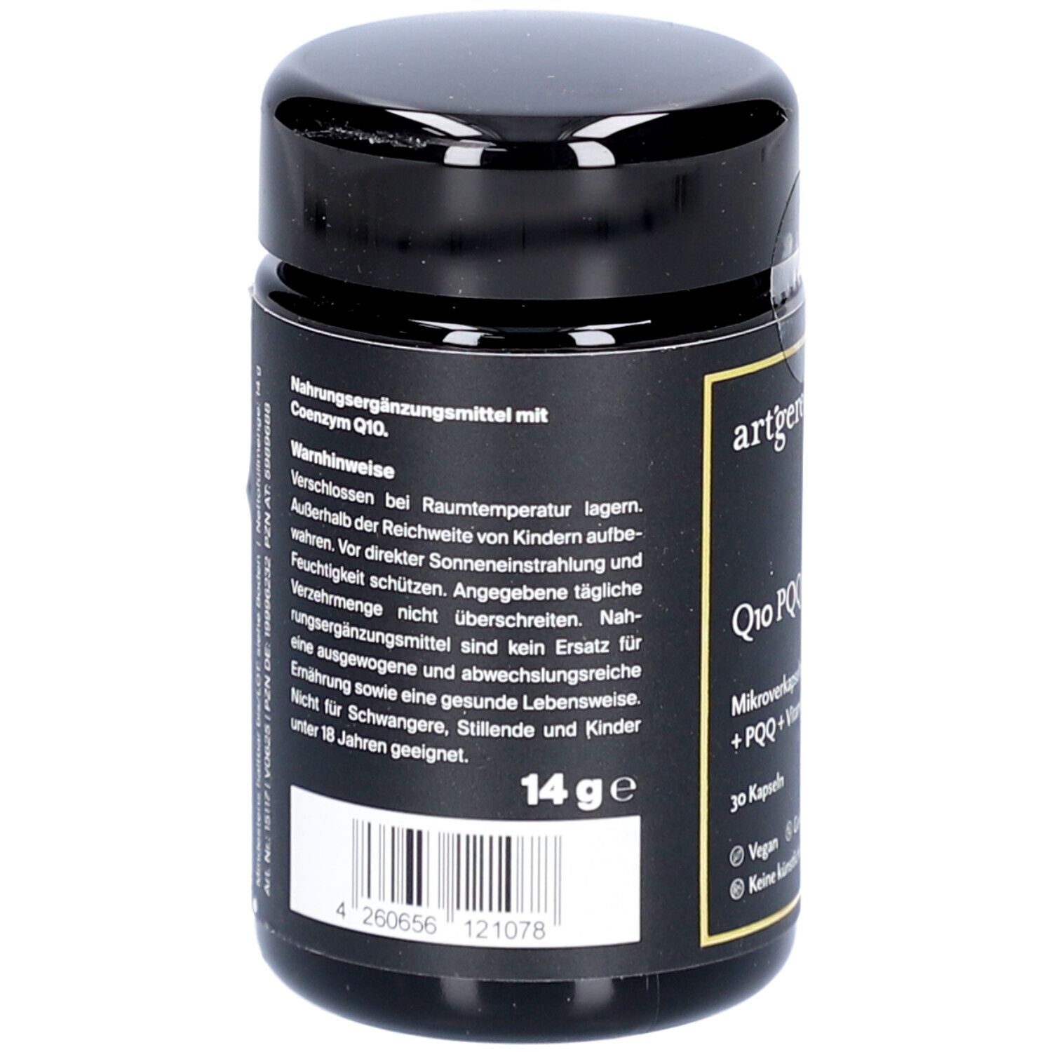 Schwarze Dose mit Etikett. Enthält Nahrungsergänzungsmittel mit Coenzym Q10. Gewicht: 14 g. Warnhinweise sind aufgedruckt.