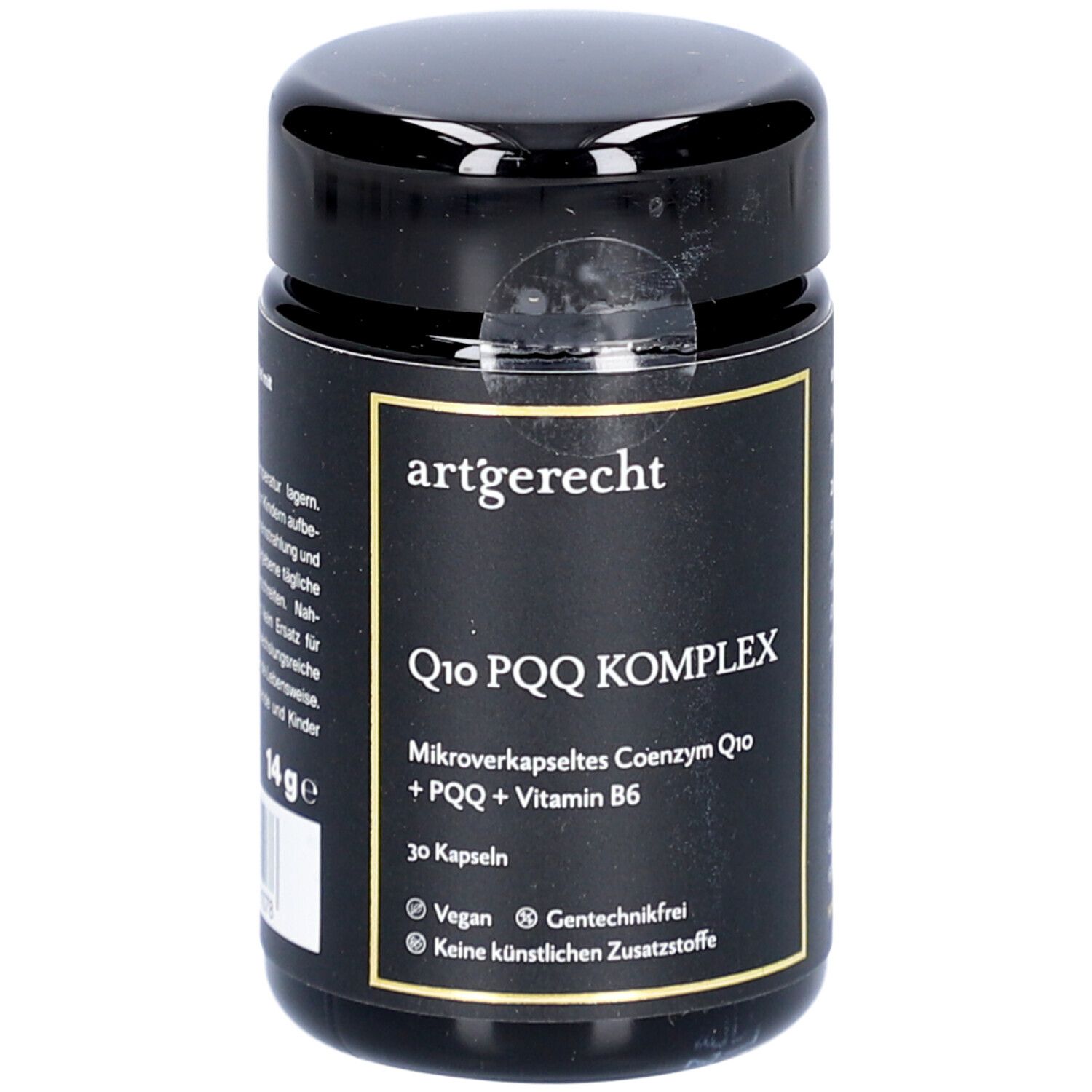 Schwarze Dose mit 'artgerecht' und 'Q10 PQQ KOMPLEX'. Enthält 30 Kapseln. Vegan, gentechnikfrei.