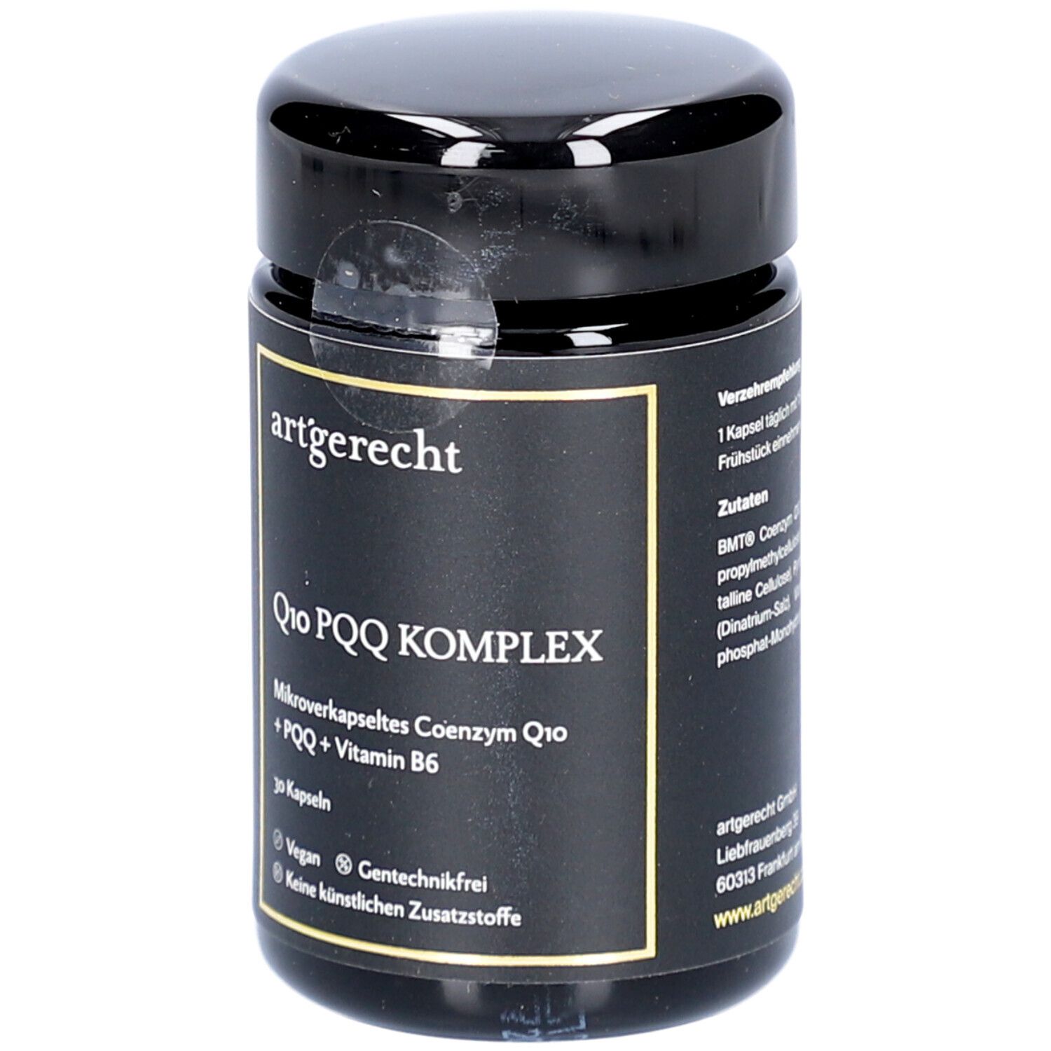 Schwarze Dose mit 'artgerecht' und 'Q10 PQQ KOMPLEX'. Enthält 30 Kapseln. Vegan, gentechnikfrei.