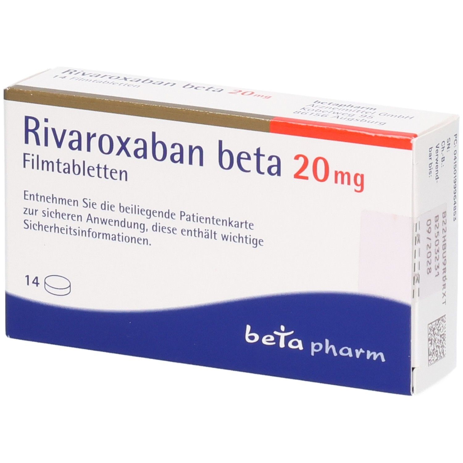 Schachtel mit RIVAROXABAN beta 20 mg Filmtabletten. Enthält 14 Tabletten. Weiß, blau und rot. Beta pharm Logo.