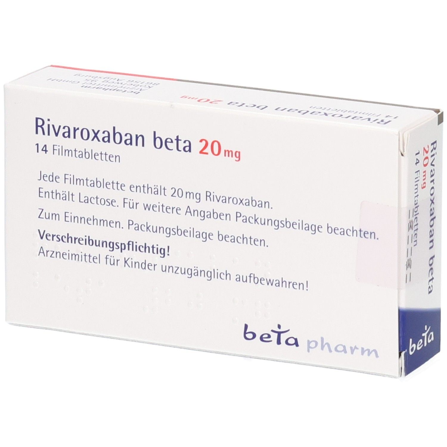 Schachtel RIVAROXABAN beta 20 mg Filmtabletten. 14 Tabletten. Textinformationen. Beta pharm Logo. Weiß, blau.