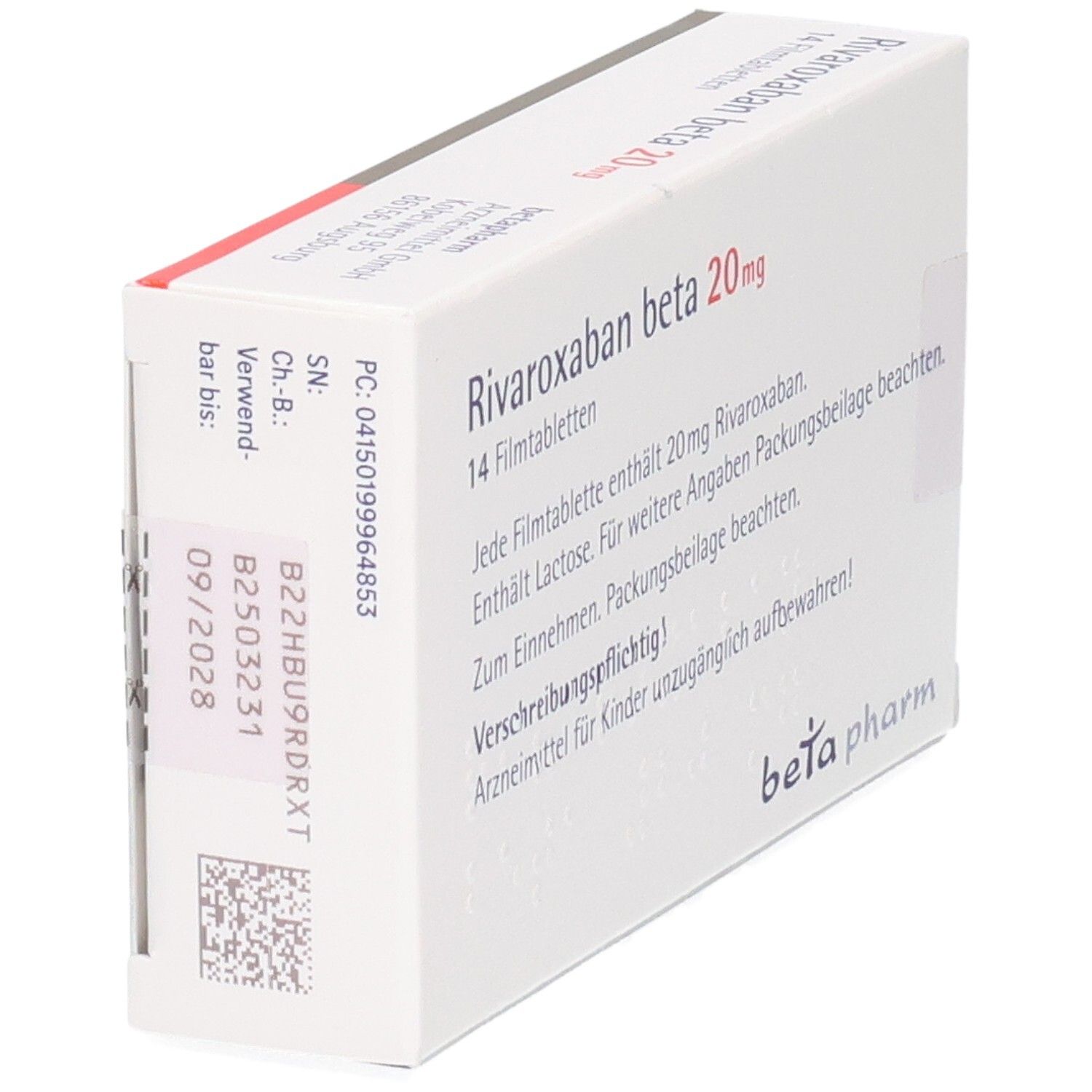 Schachtel RIVAROXABAN beta 20 mg Filmtabletten. 14 Tabletten. Textinformationen. Datumsangaben. Weiß.