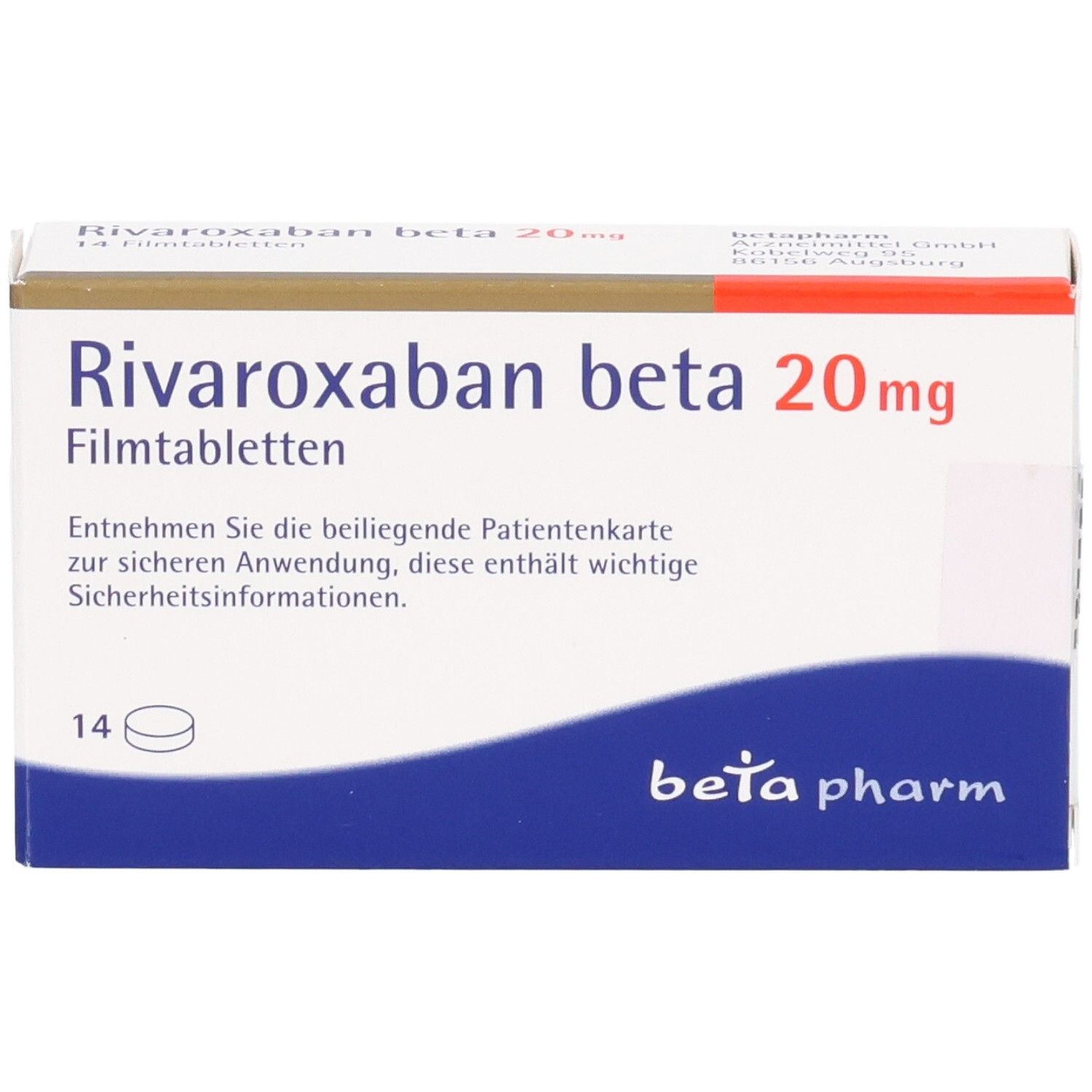 Schachtel RIVAROXABAN beta 20 mg Filmtabletten. 14 Tabletten. Weiß, blau und rot. Beta pharm Logo. Draufsicht.