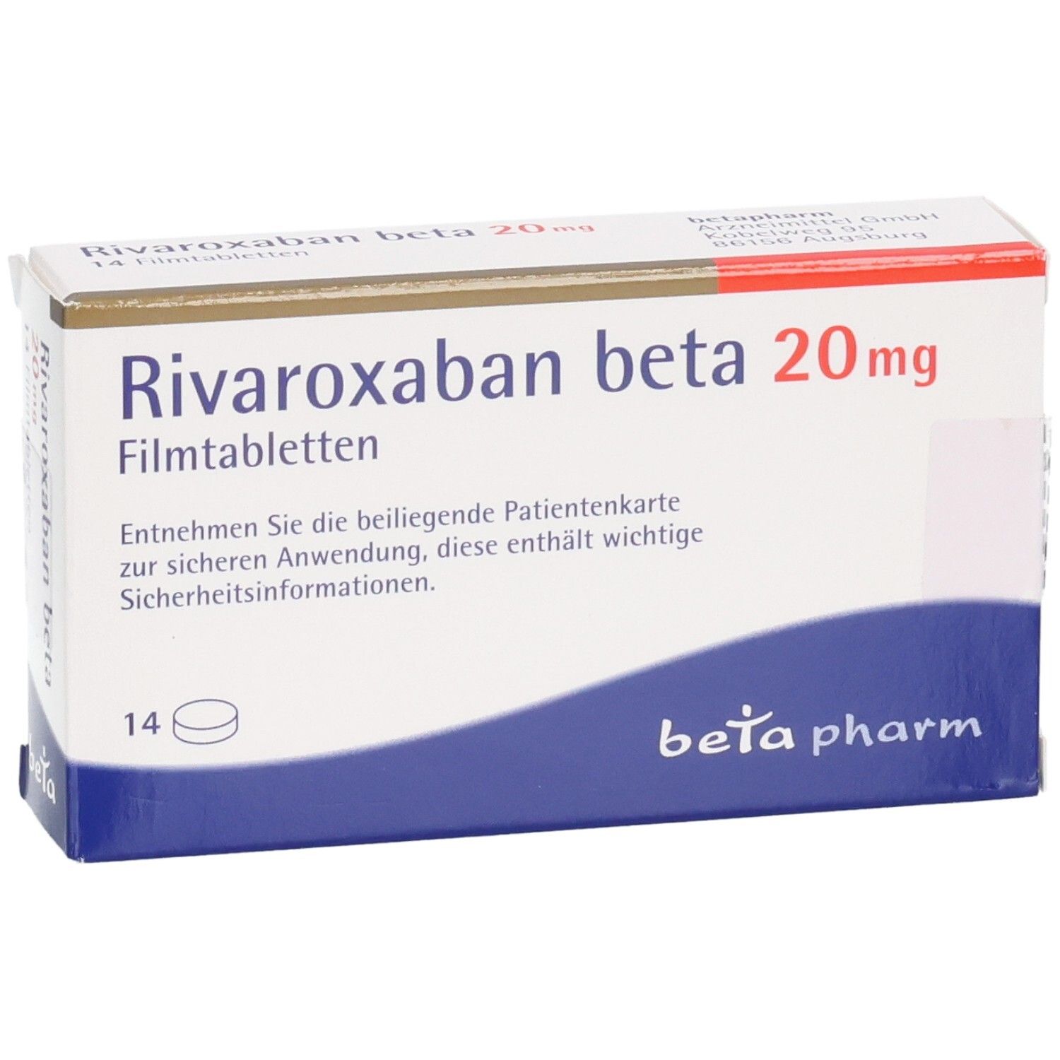 Schachtel RIVAROXABAN beta 20 mg Filmtabletten. 14 Tabletten. Weiß, blau und rot. Beta pharm Logo. Nahaufnahme.