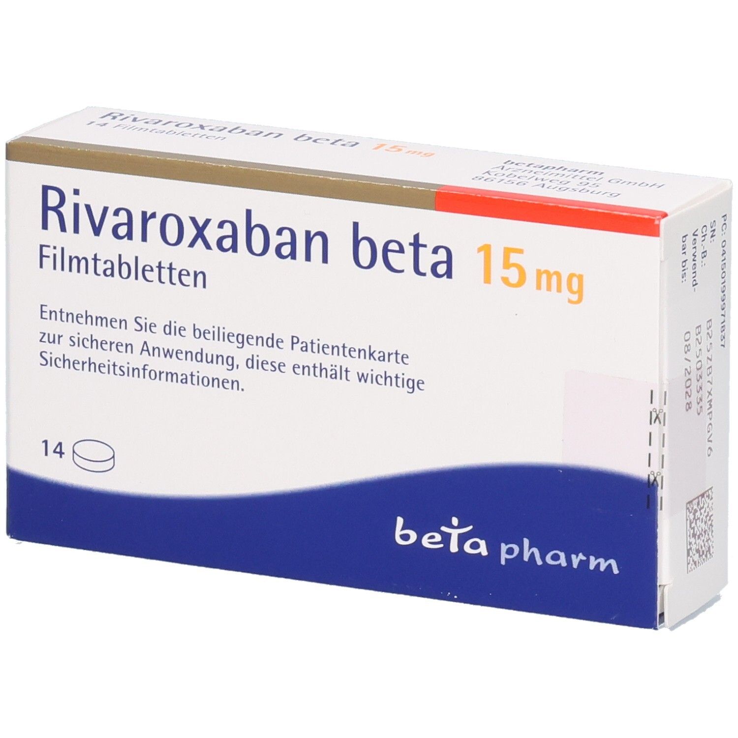 Schachtel mit RIVAROXABAN beta 15 mg Filmtabletten. Aufschrift: beta pharm. 14 Tabletten. Weiße und blaue Verpackung.